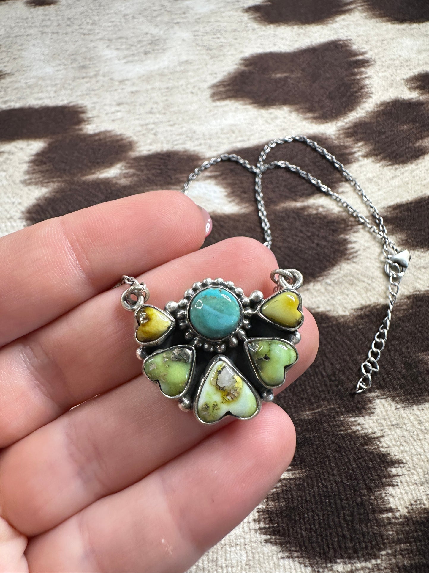 Beautiful Handmade Sterling Silver Kingman Turquoise & Palomino Turquoise Crescent Heart Necklace