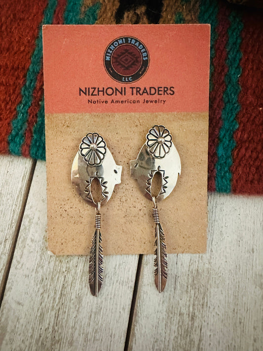 Handcrafted Concho Sterling Silver Feather Dangle Earrings