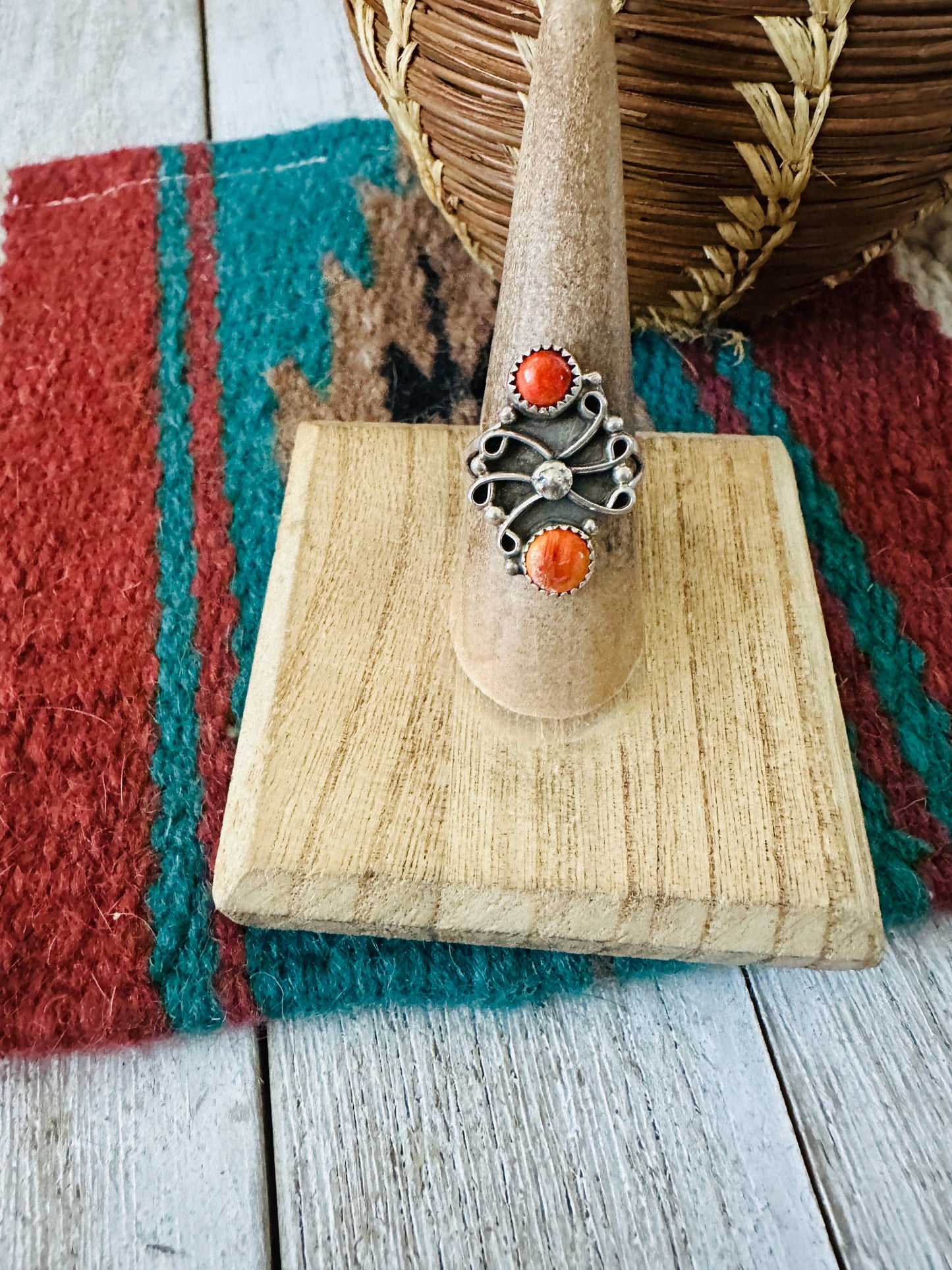 Handcrafted Sterling Silver & Red Spiny Two Stone Ring Size 7