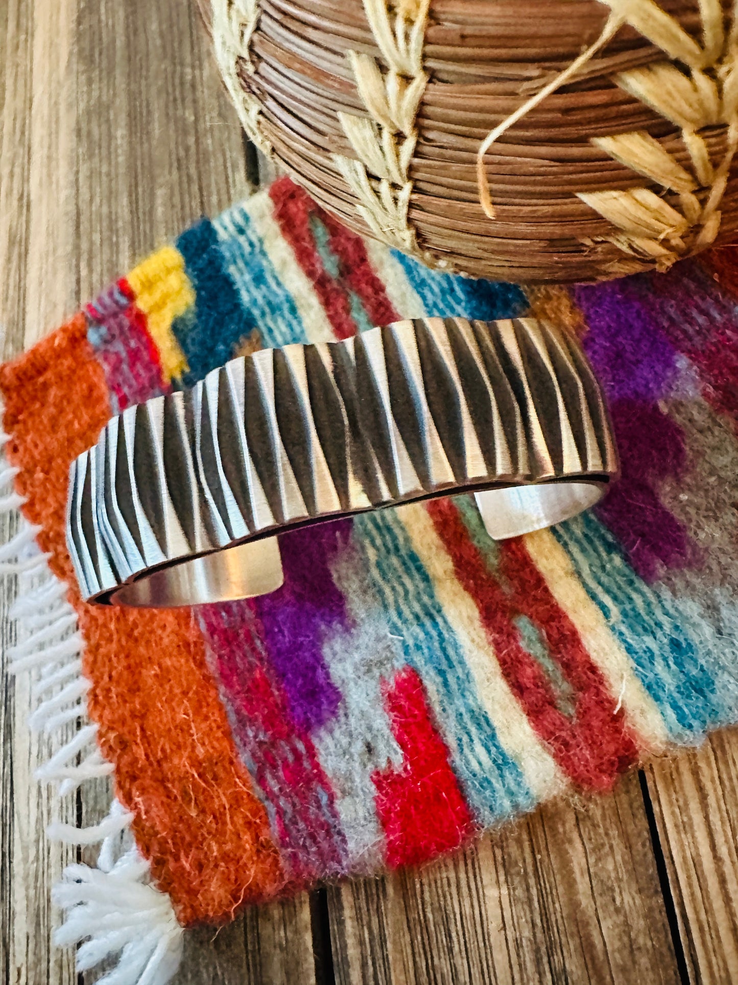 Hand Stamped Sterling Silver Cuff Bracelet by Leander Tahe