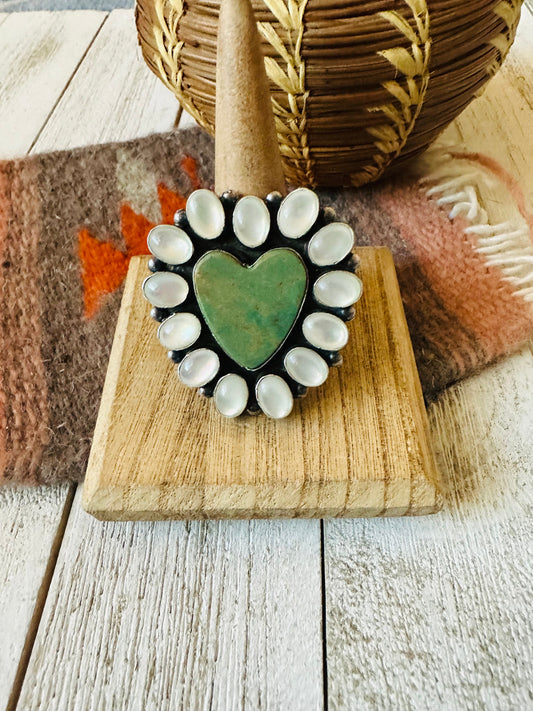 Handcrafted Sterling Silver , Mother of Pearl & Turquoise Heart Ring Size 10