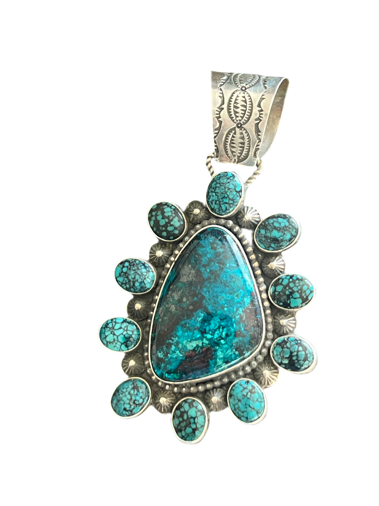 Apache Made Sterling Silver, Hubei Turquoise & Chrysocolla Azurite Cluster Pendant by Rosella Paxson