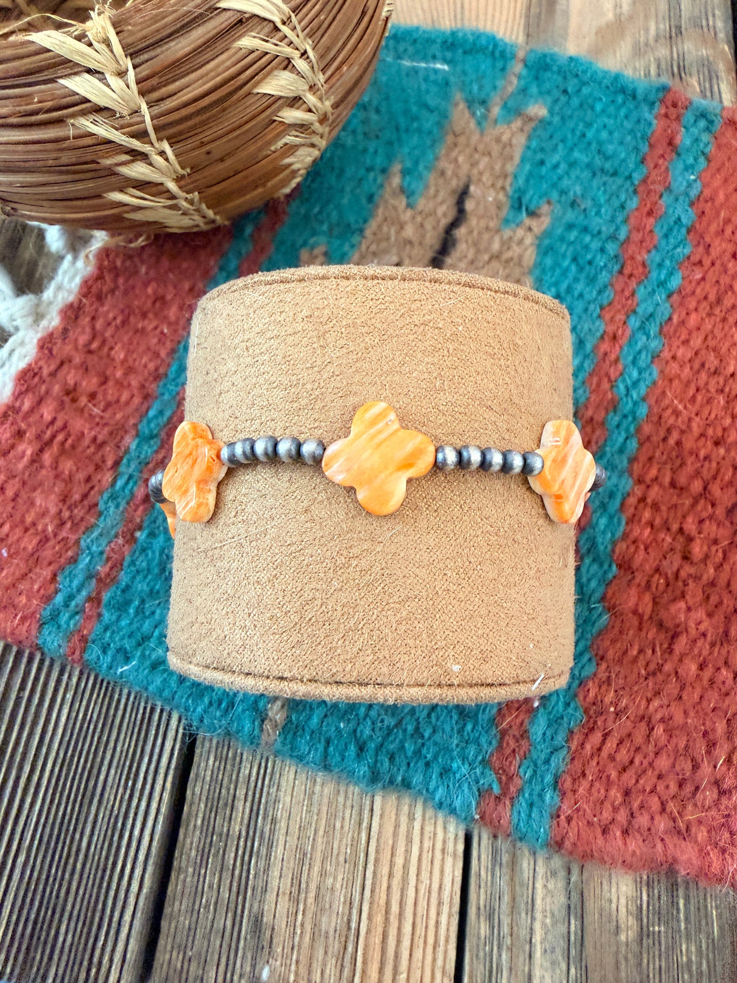 Handcrafted Spiny Oyster & Sterling Silver Pearl Cross Beaded Stretch Bracelet