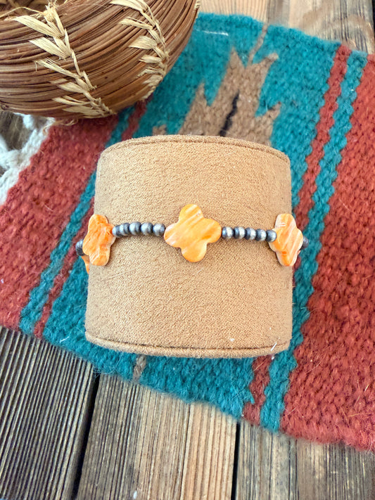 Handcrafted Spiny Oyster & Sterling Silver Pearl Cross Beaded Stretch Bracelet
