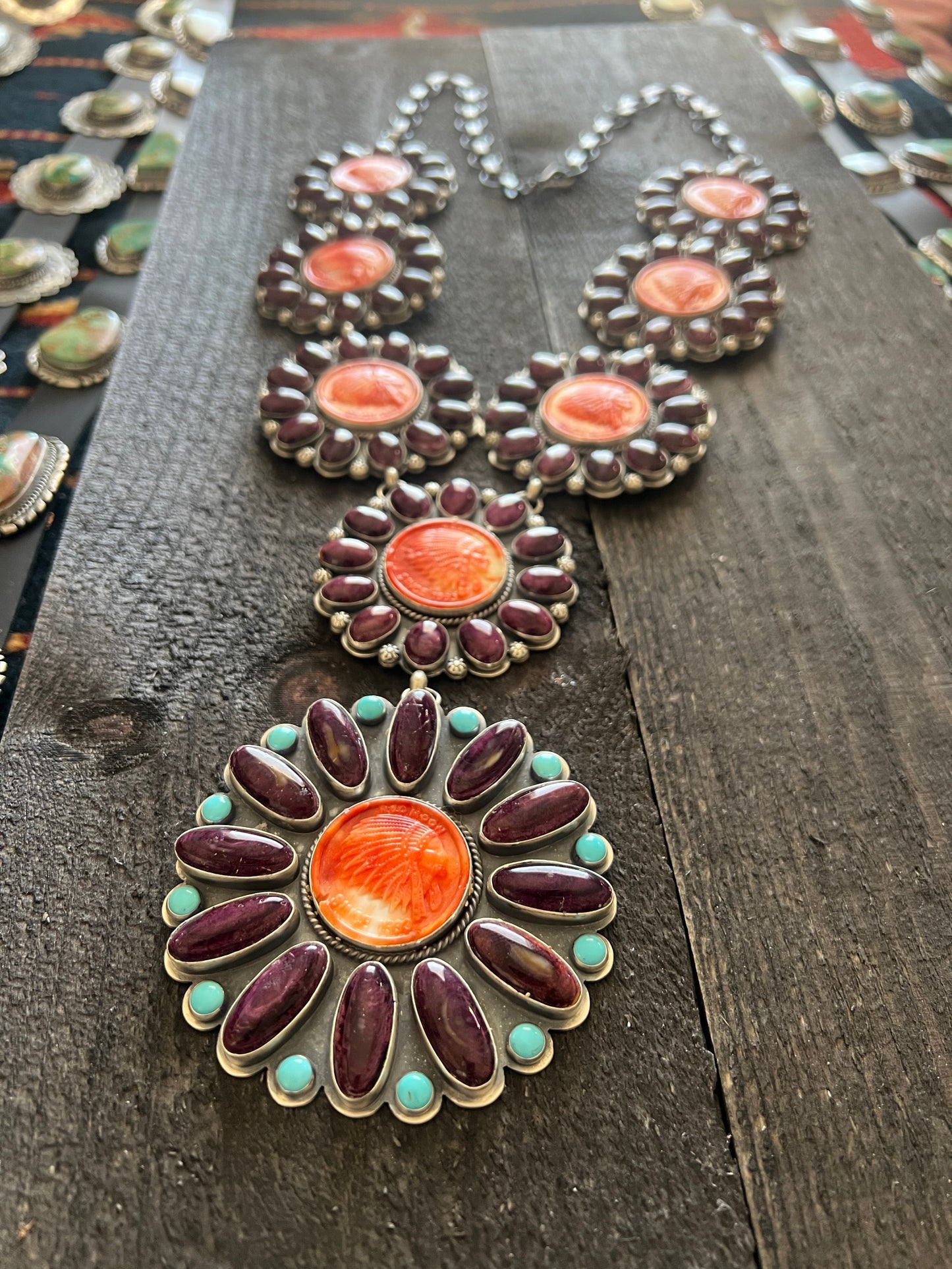 Handcrafted Stunning Sterling Silver, Carved Spiny Oyster and Turquoise Necklace by Gilbert Platero