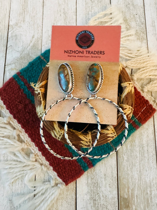 Handcrafted Ribbon Turquoise and Sterling Silver Dangle Hoop Earrings