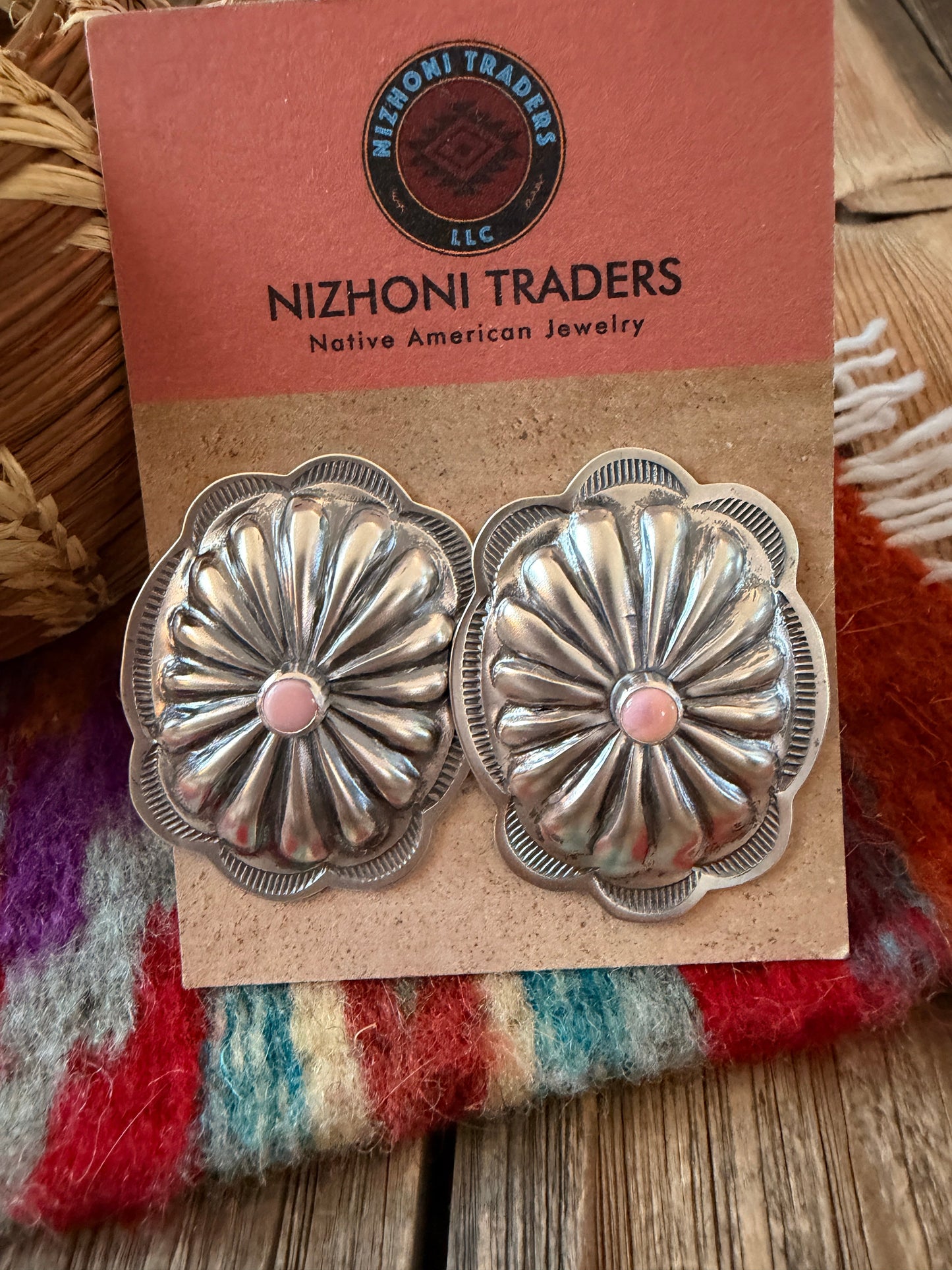 Handcrafted Queen Pink Conch & Sterling Silver Concho Post Earrings