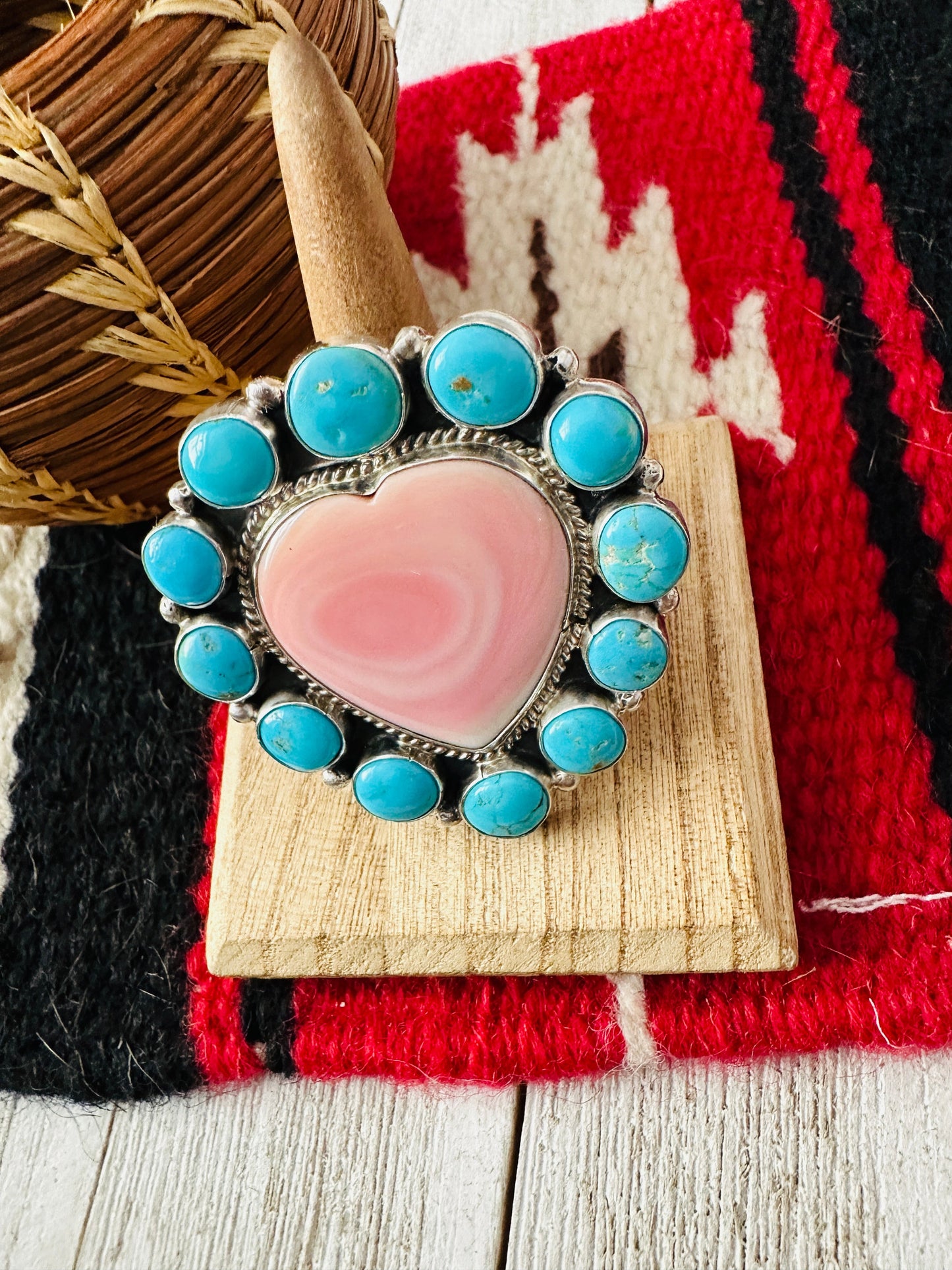 Handcrafted Sterling Silver, Queen Pink Conch & Turquoise Heart Adjustable Ring