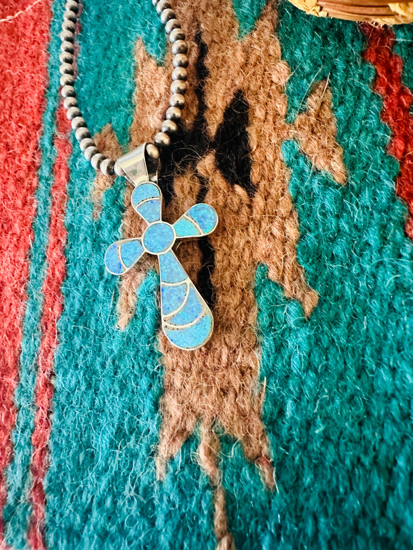 Handcrafted Sterling Silver & Blue qOpal Inlay Cross Pendant Signed