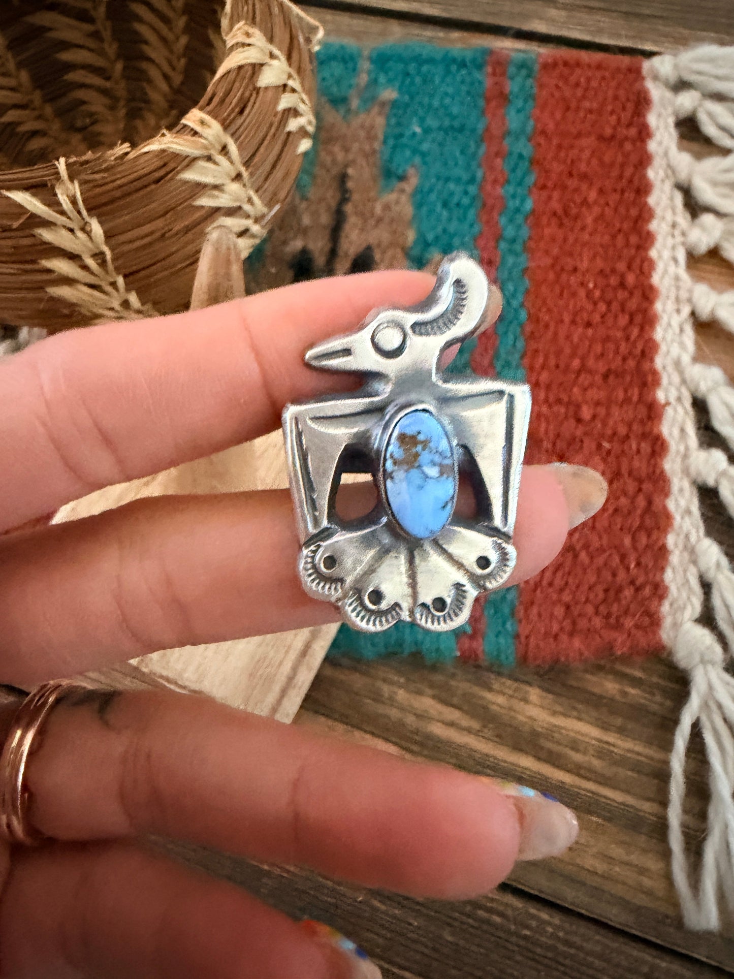 Handcrafted Golden Hills Turquoise and Sterling Silver Thunderbird Ring size 8.5 by Chimney Butte