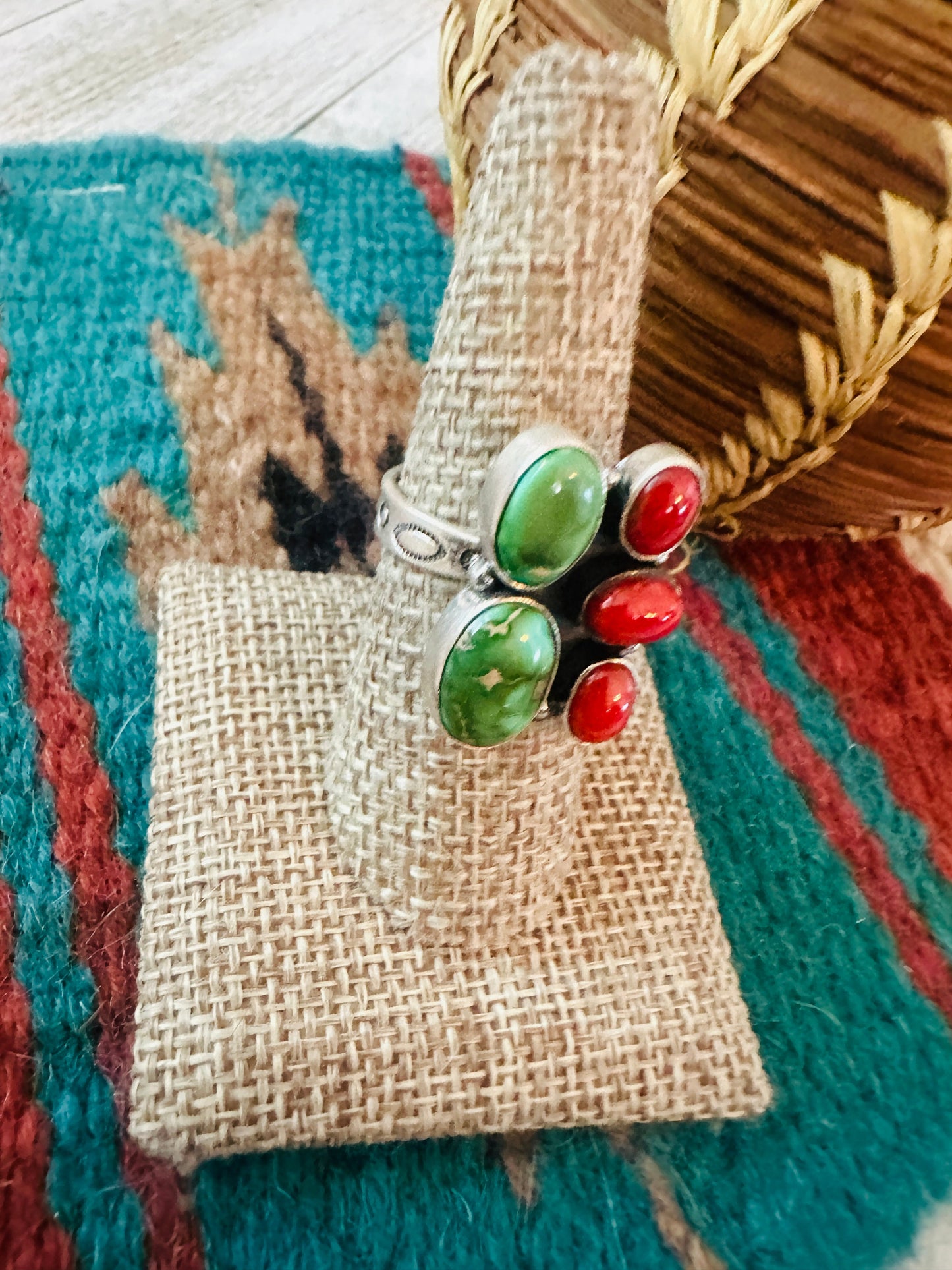** Christmas Collection ** Handmade Sterling Silver, Turquoise & Coral Adjustable Ring Signed Nizhoni