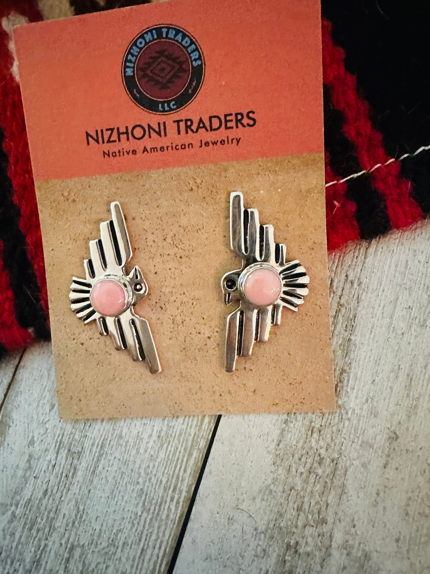 Handcrafted Sterling Silver & Queen Pink Conch Thunderbird Post Earrings
