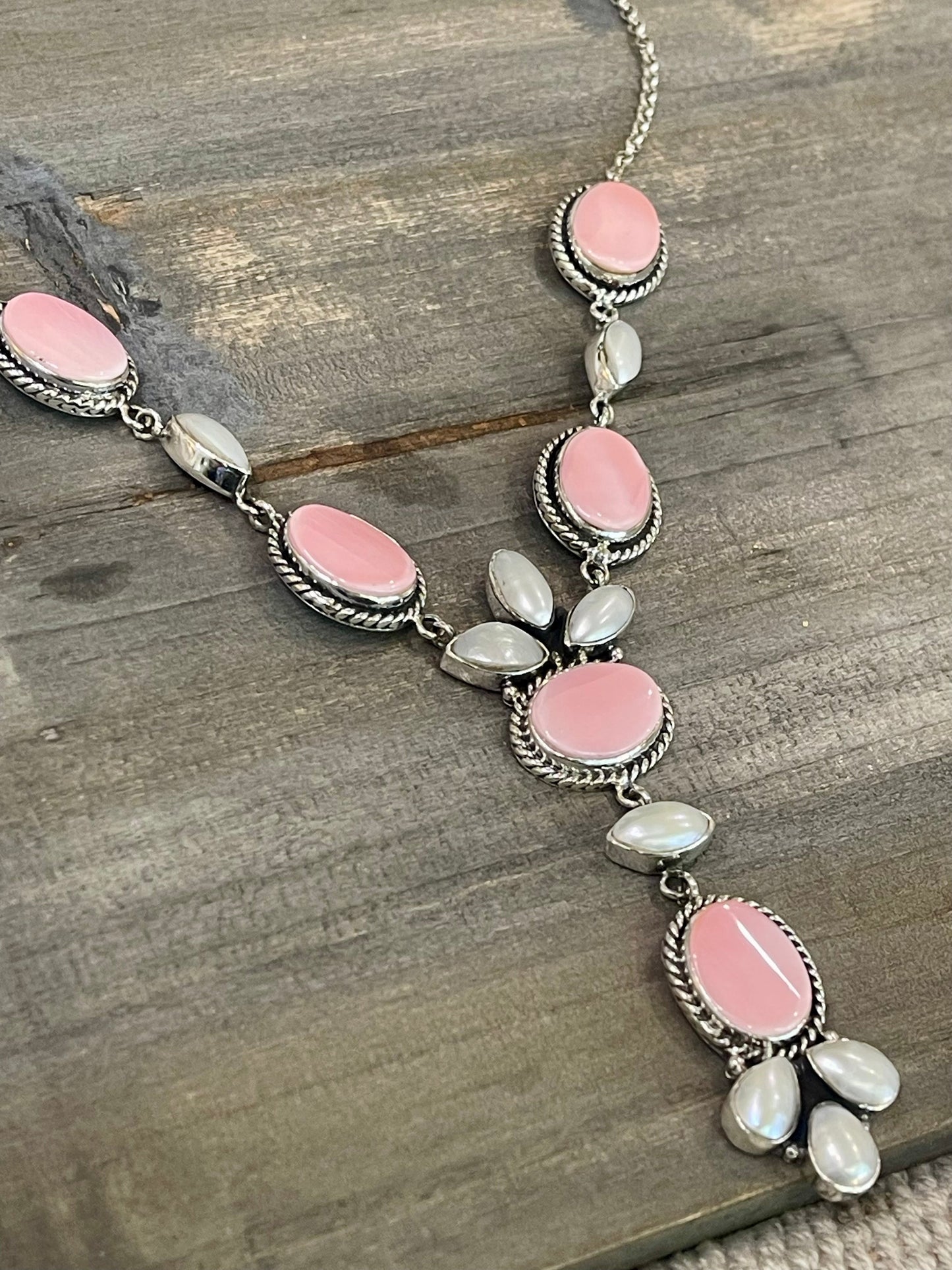 Handmade Sterling Silver, Pink Conch & Pearl Lariat Necklace