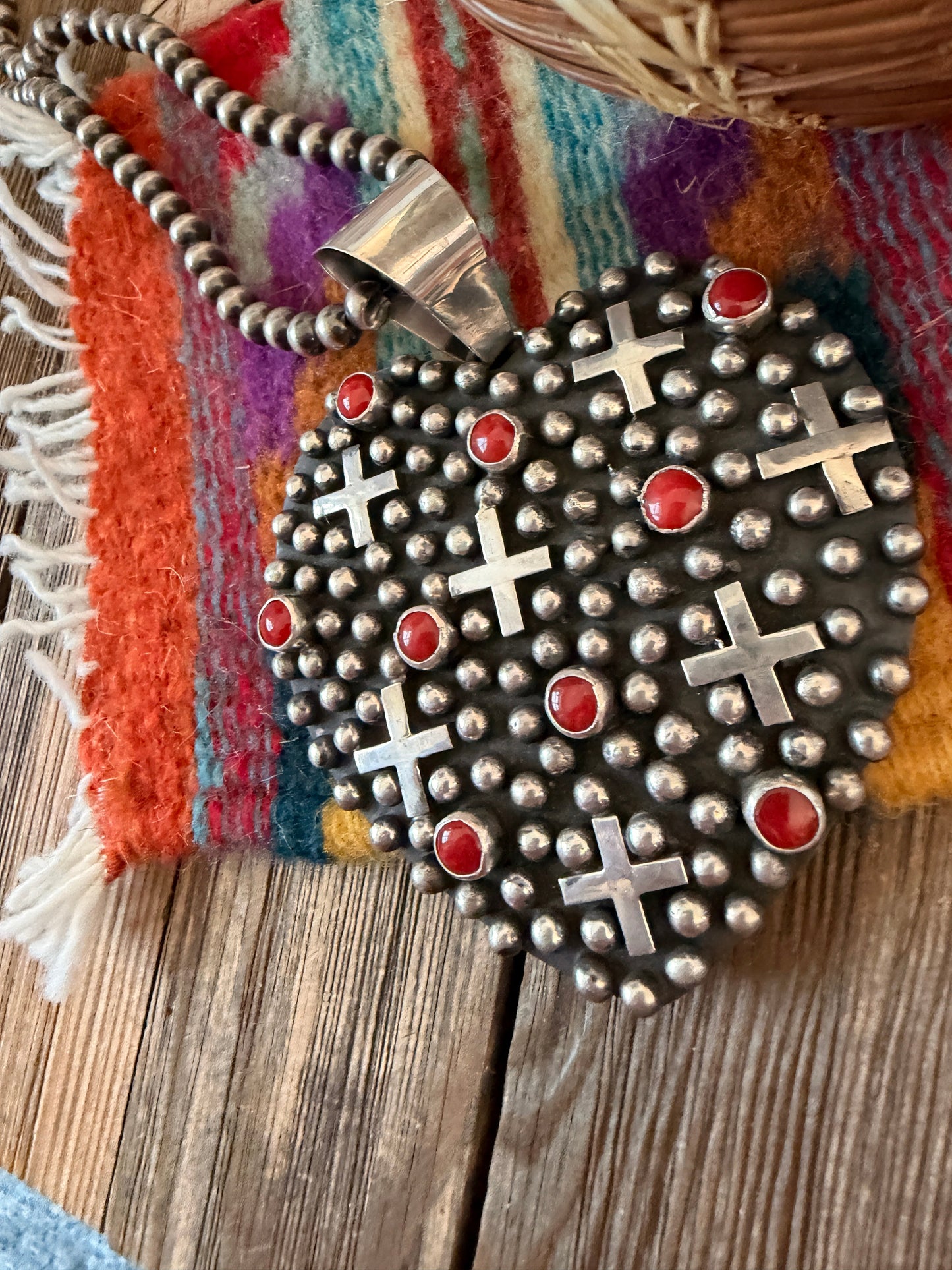 Handcrafted Coral & Sterling Silver Heart Cross Pendant by Geneva Apachito
