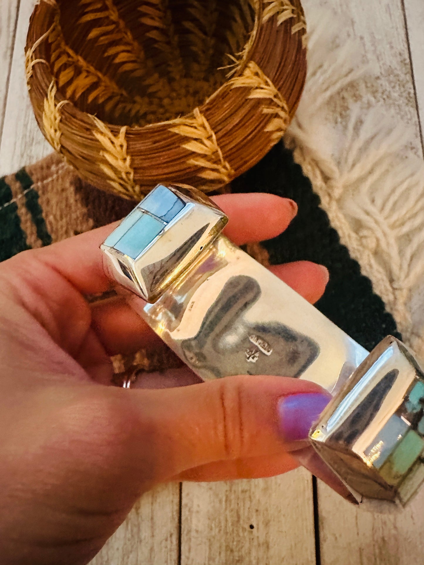 Handcrafted Sterling Silver & Golden Hills Turquoise Inlay Cuff Bracelet /