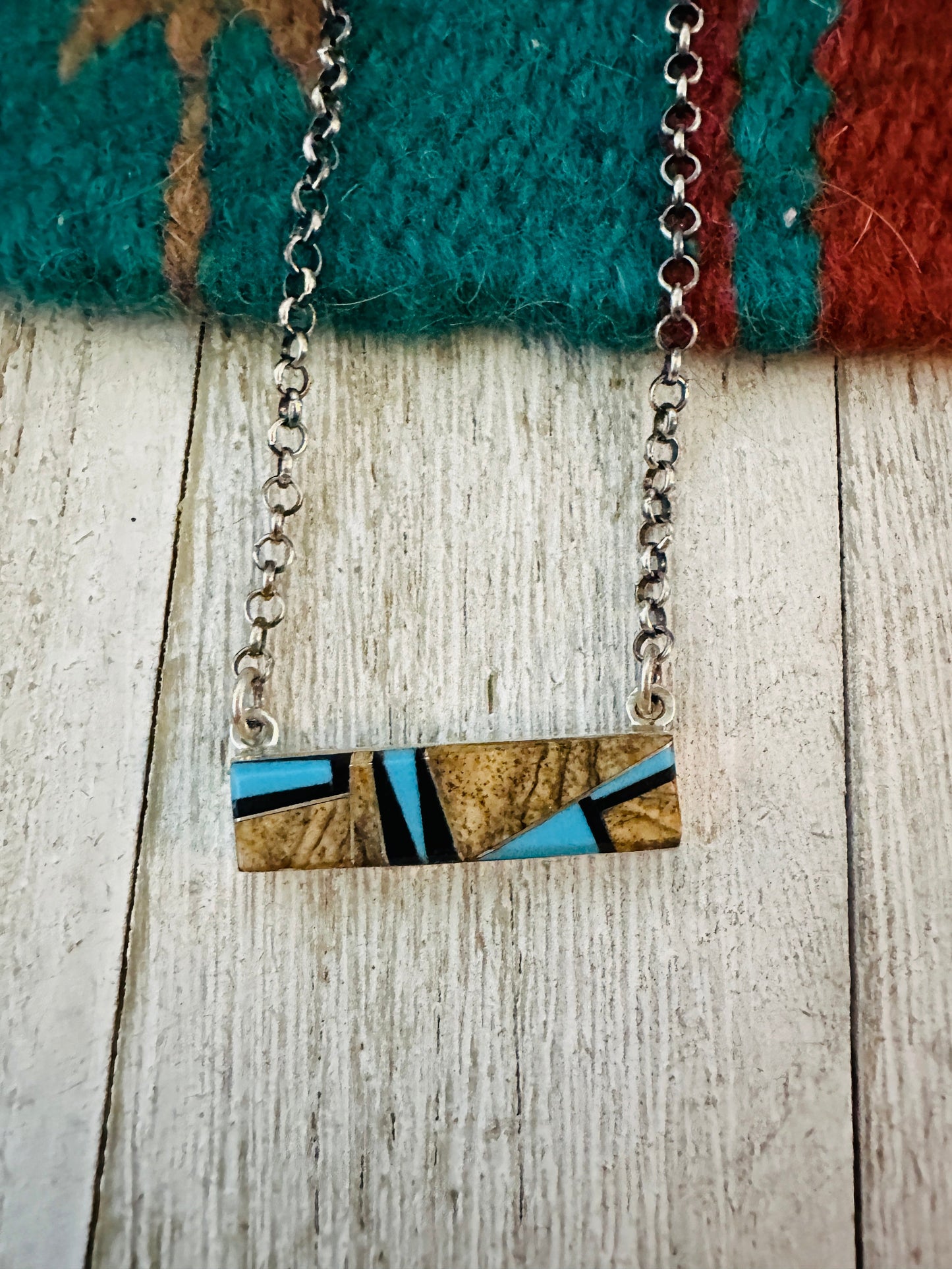Handcrafted Multi Stone & Sterling Silver Inlay Bar Necklace