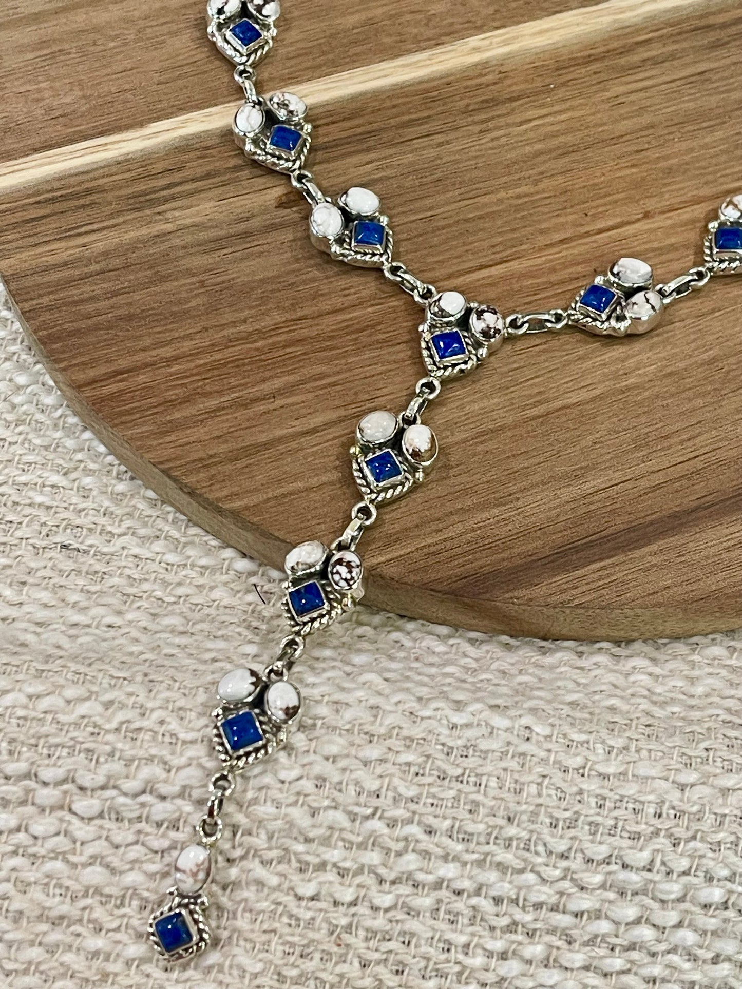 Handmade Sterling Silver Wild Horse with Lapis Lariat Necklace, Signed Nizhoni