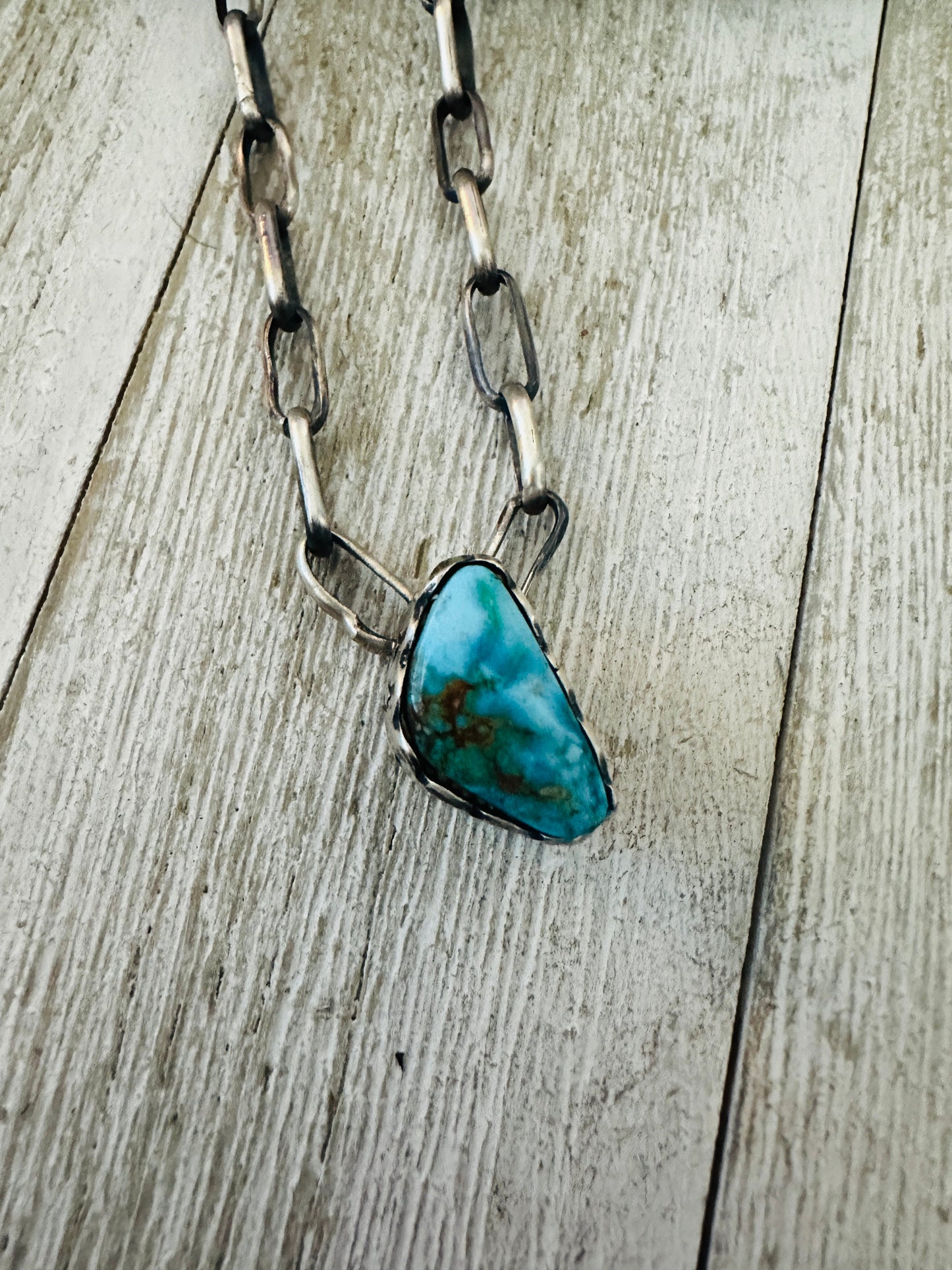 Handcrafted Turquoise & Sterling Silver Paper Clip Chain Necklace