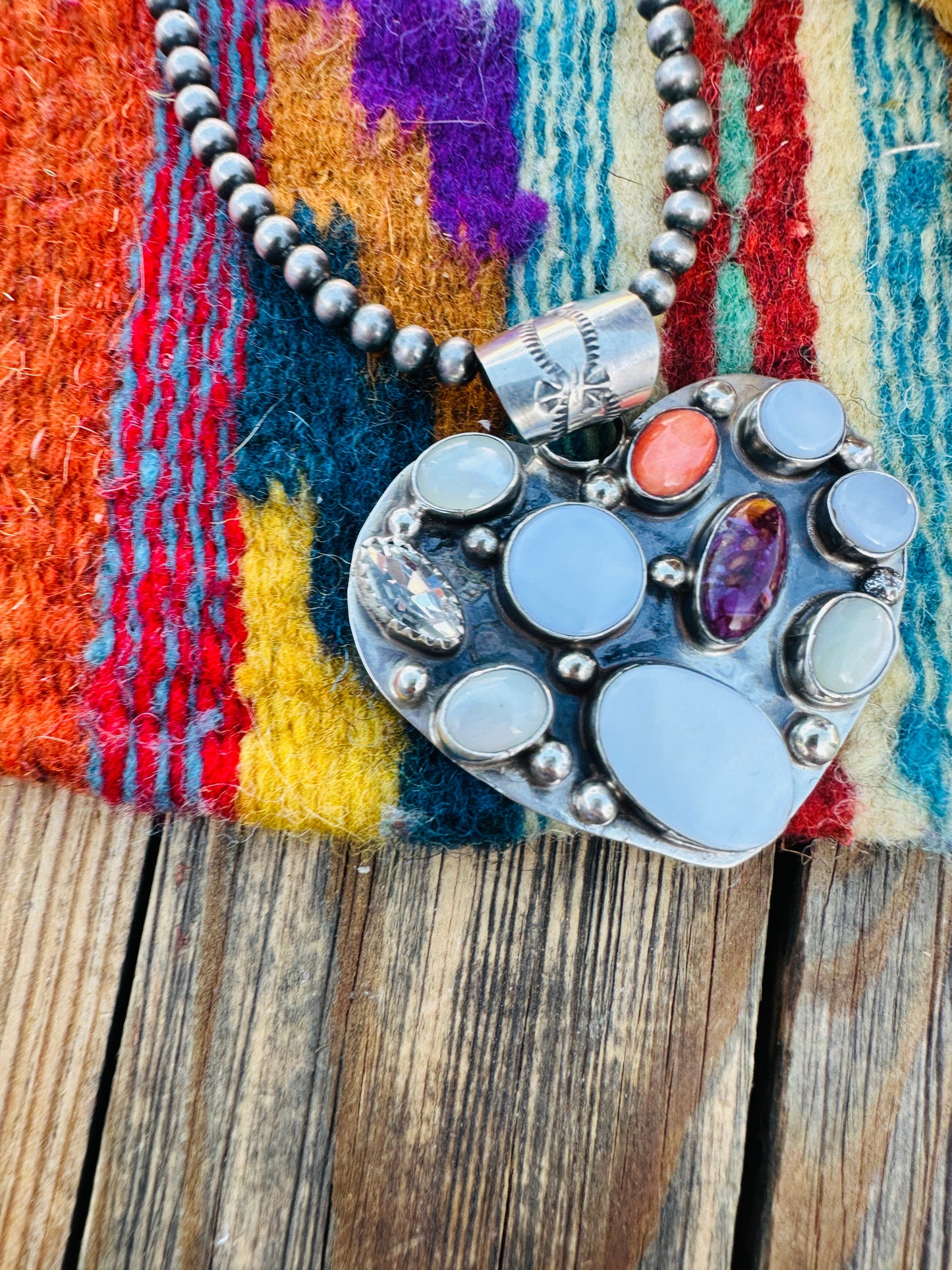 Handcrafted Mother of Pearl, Spiny, CZ & Sterling Silver Heart Pendant by Jacqueline Silver