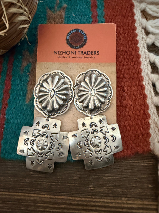 Handcrafted Old Pawn Sterling Silver Concho Cross Dangle Earrings