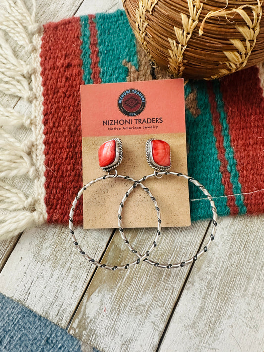 Handcrafted Orange Spiny and Sterling Silver Dangle Hoop Earrings
