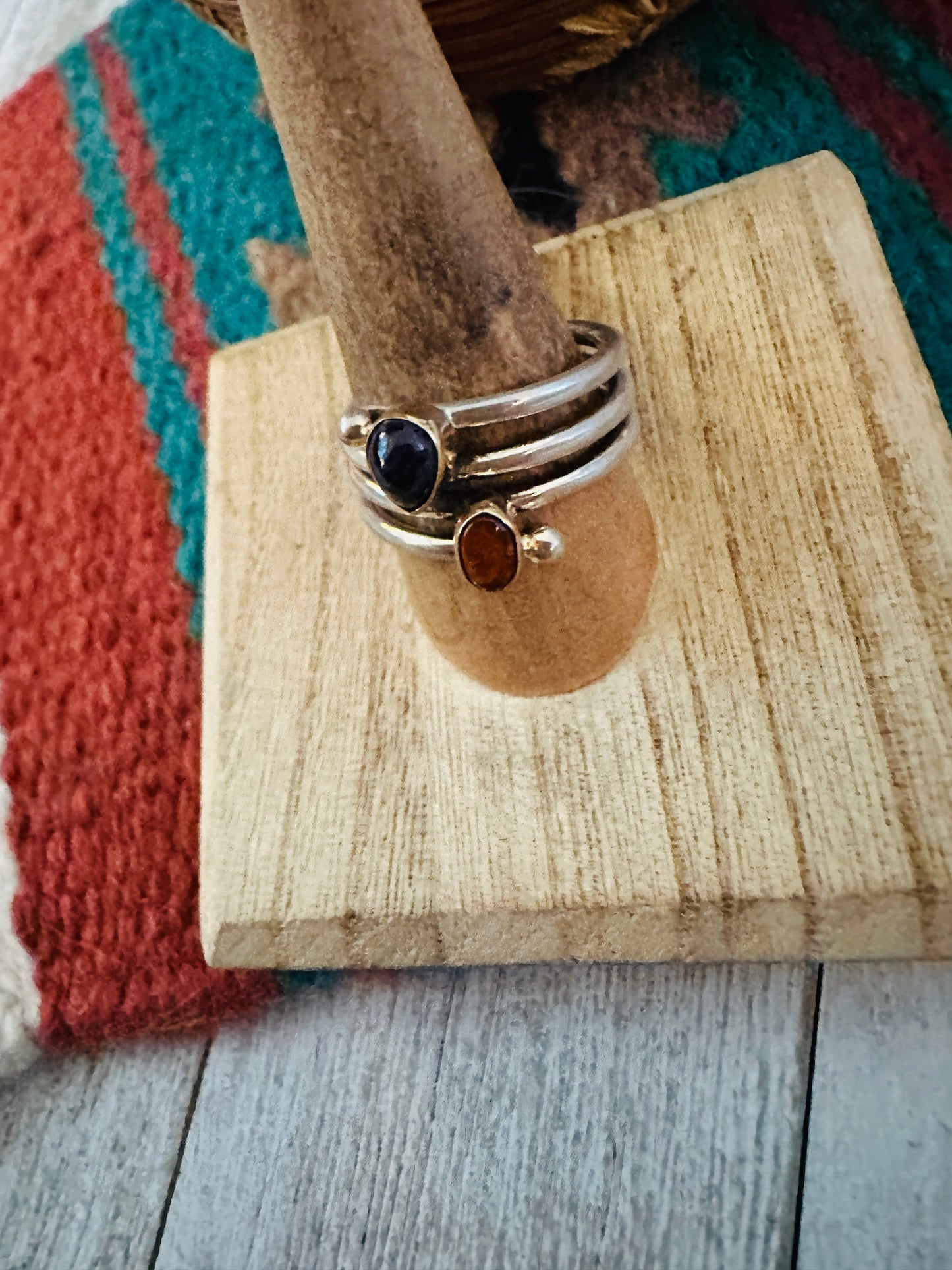 Handcrafted Amber, Amethyst & Sterling Silver Ring Size 8.5