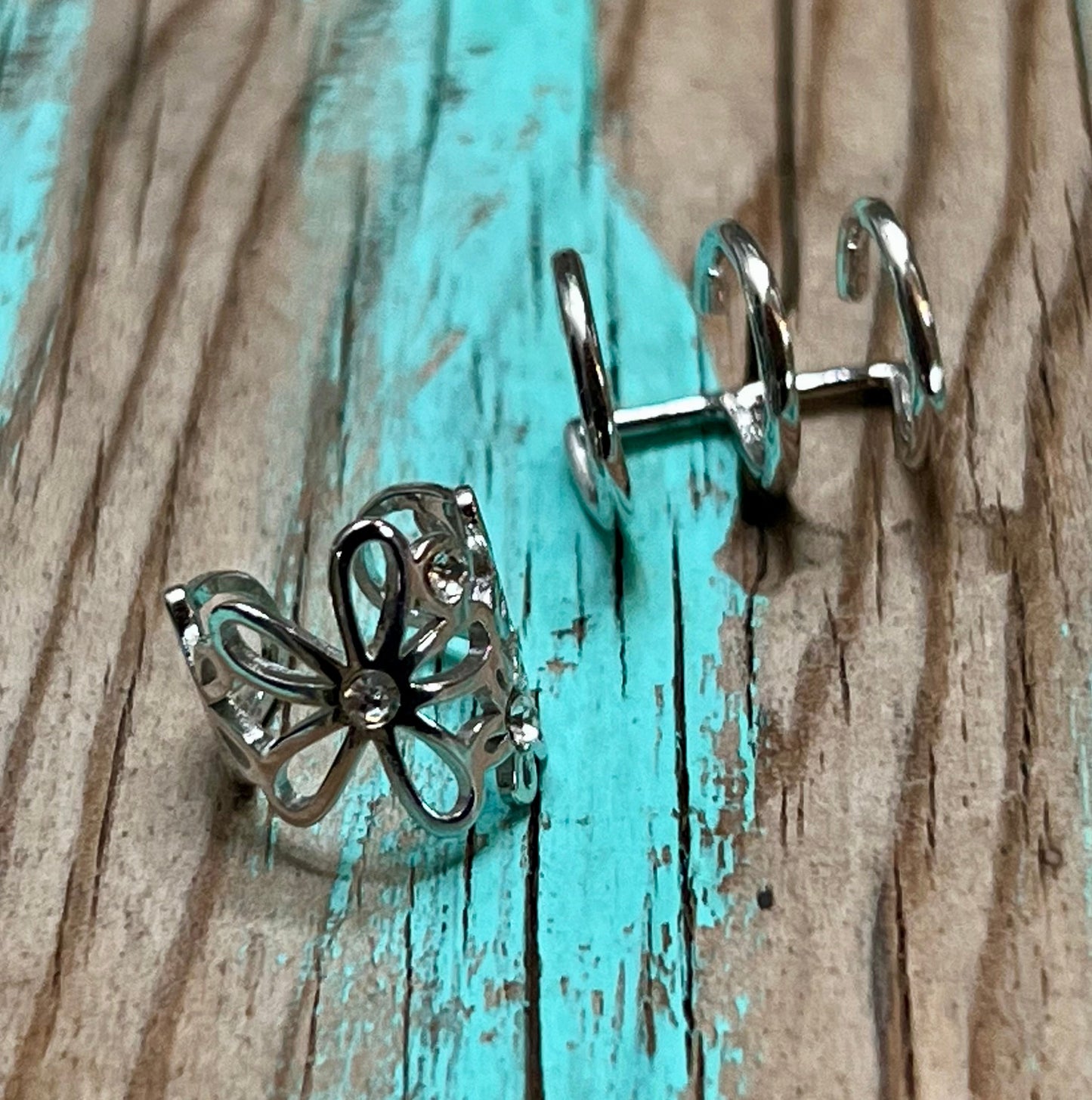 Sterling Silver CZ Flower Ear Cuff Set