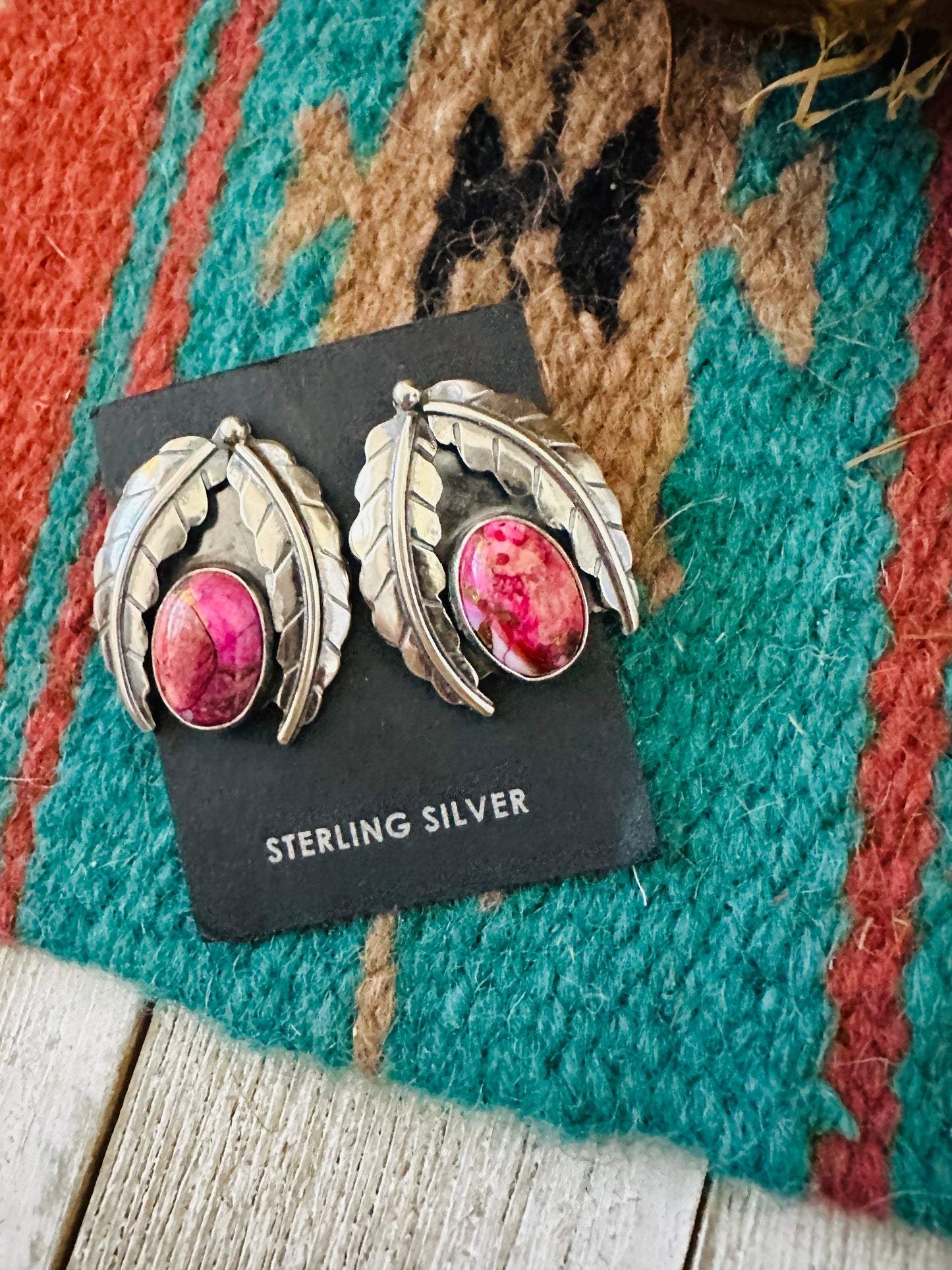 Handcrafted Pink Mojave & Sterling Silver Leaf Post Earrings