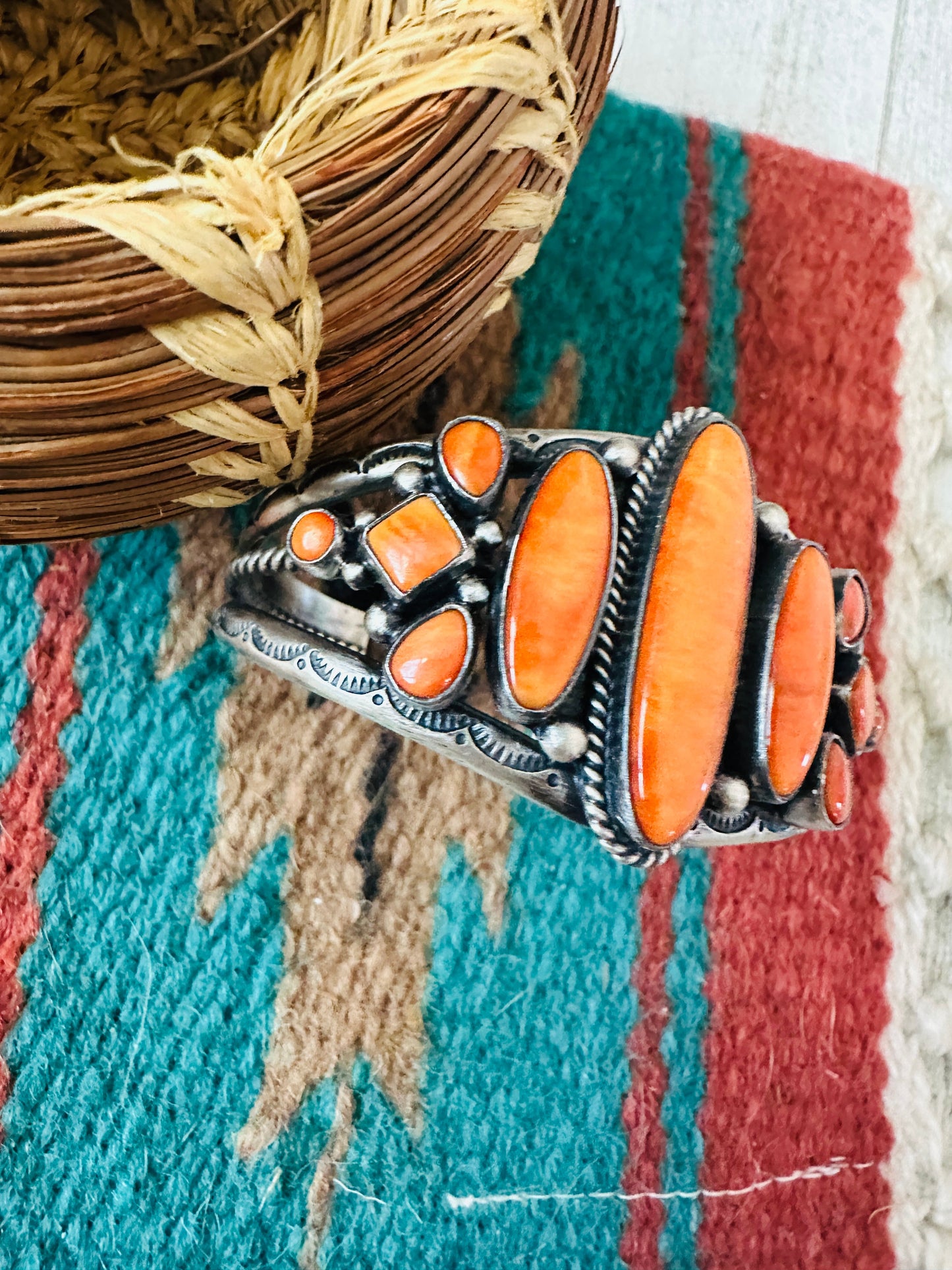 Handcrafted Sterling Silver & Orange Spiny Cuff Bracelet by Diane Wylie NF