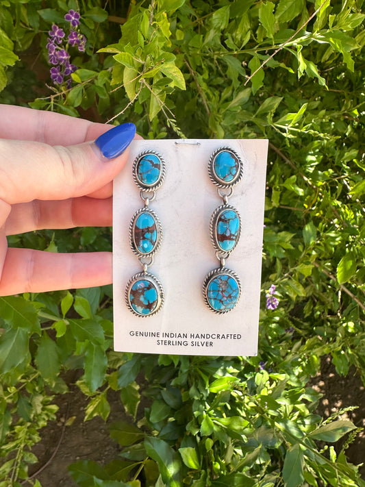 Handcrafted Turquoise & Sterling Silver 3 Stone Dangle Earrings Signed Marcella James