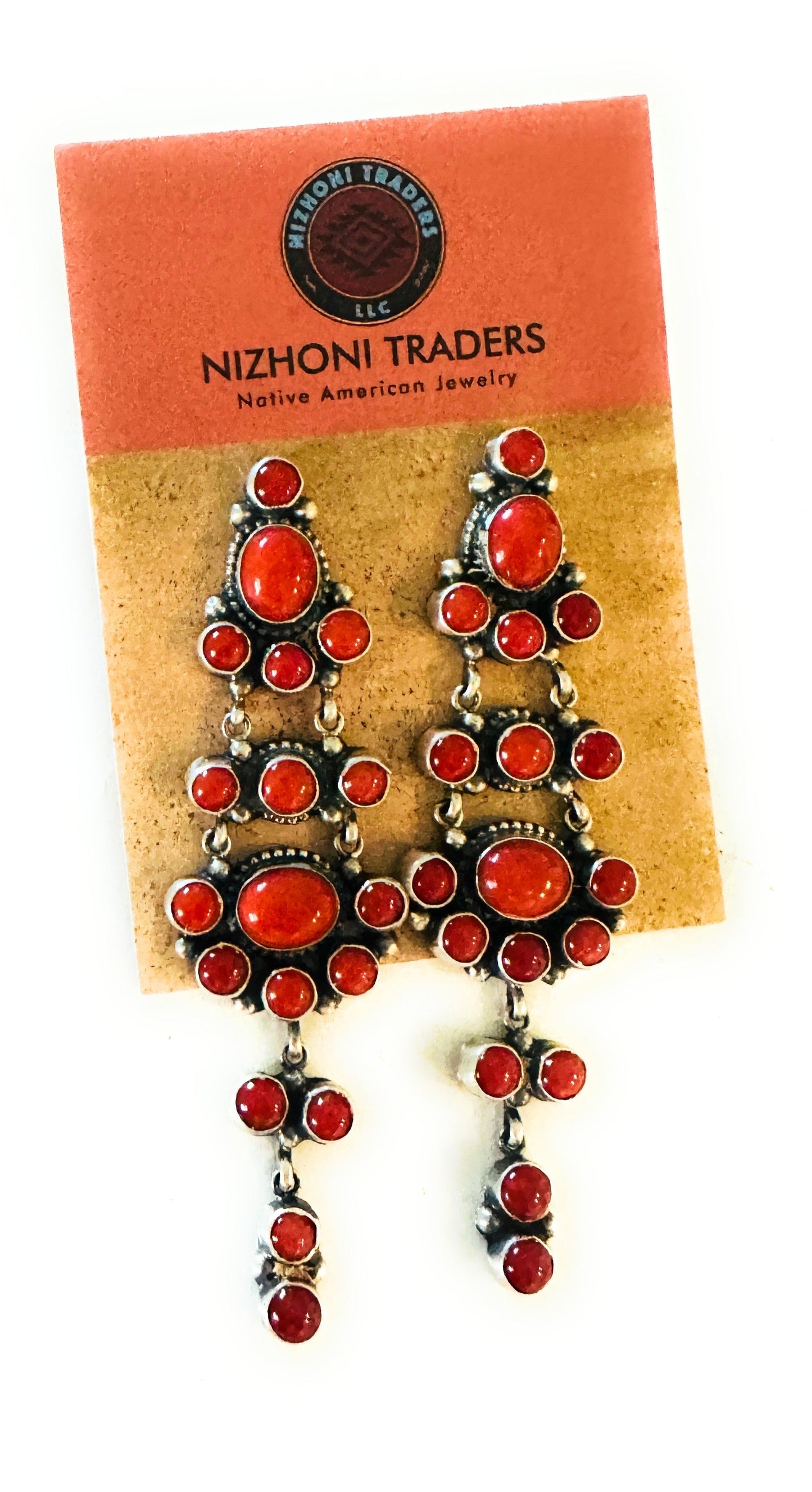 Navajo Coral and Sterling Silver Cluster Dangle Earrings