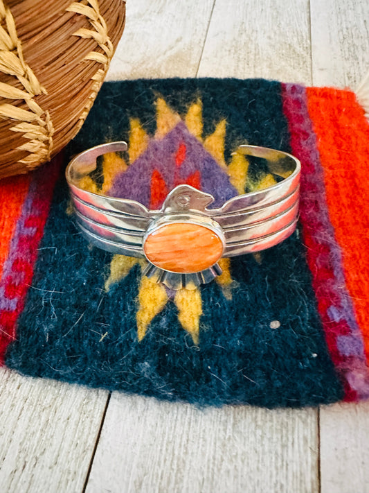 Handcrafted Orange Spiny & Sterling Silver Thunderbird Cuff Bracelet