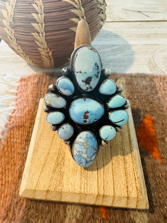 Handcrafted Golden Hills Turquoise & Sterling Silver Cluster Ring Size 7