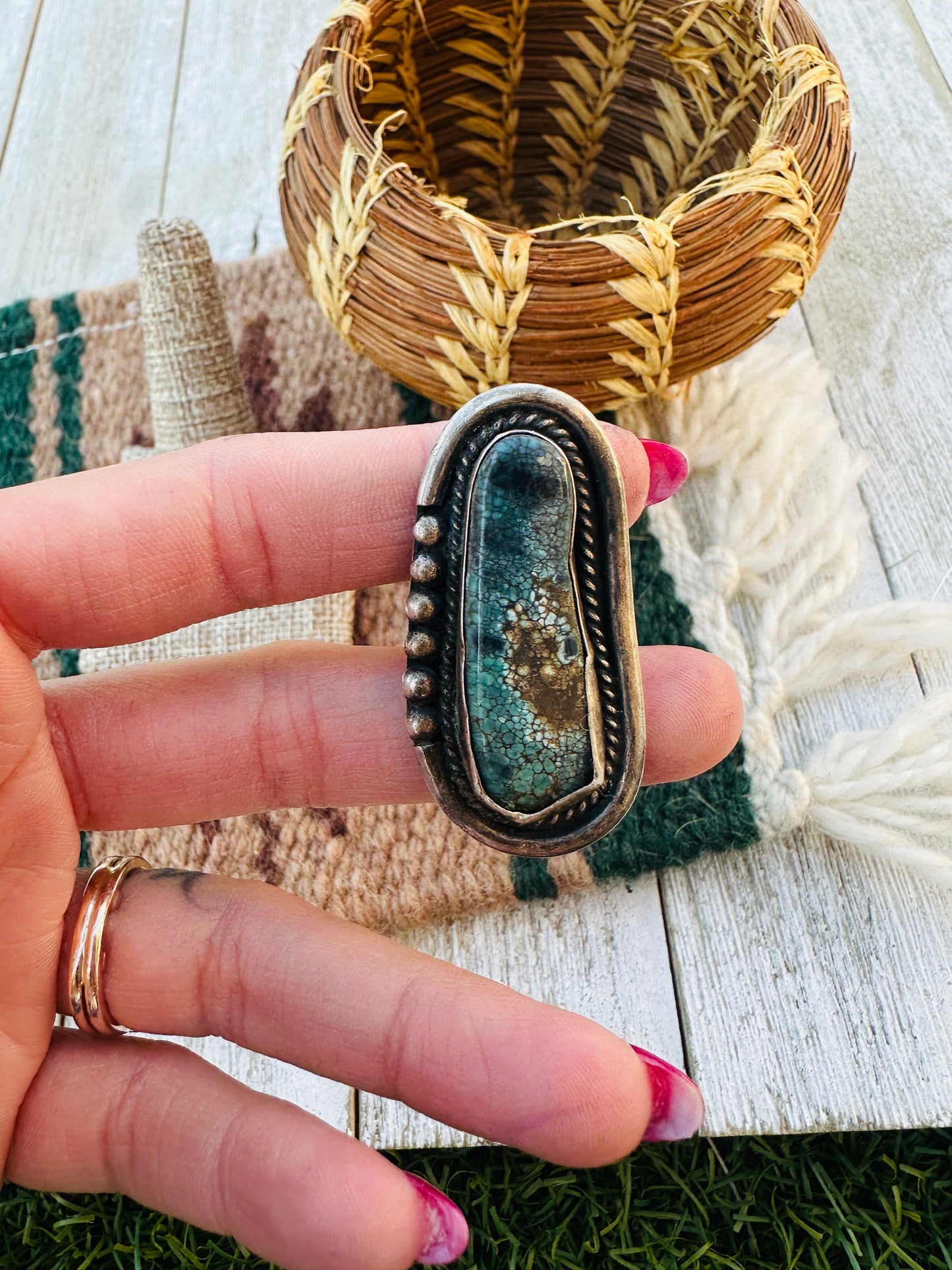 Old Pawn Handcrafted Turquoise & Sterling Silver Ring Size 8.5