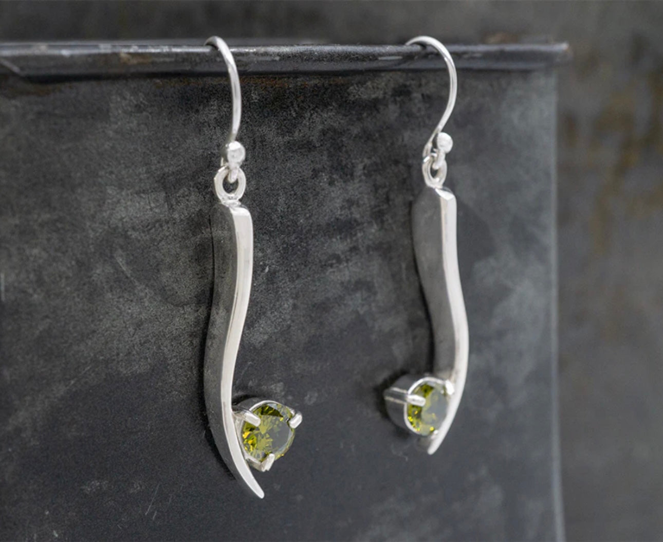 Green Crystal Arc Sterling Silver Earrings