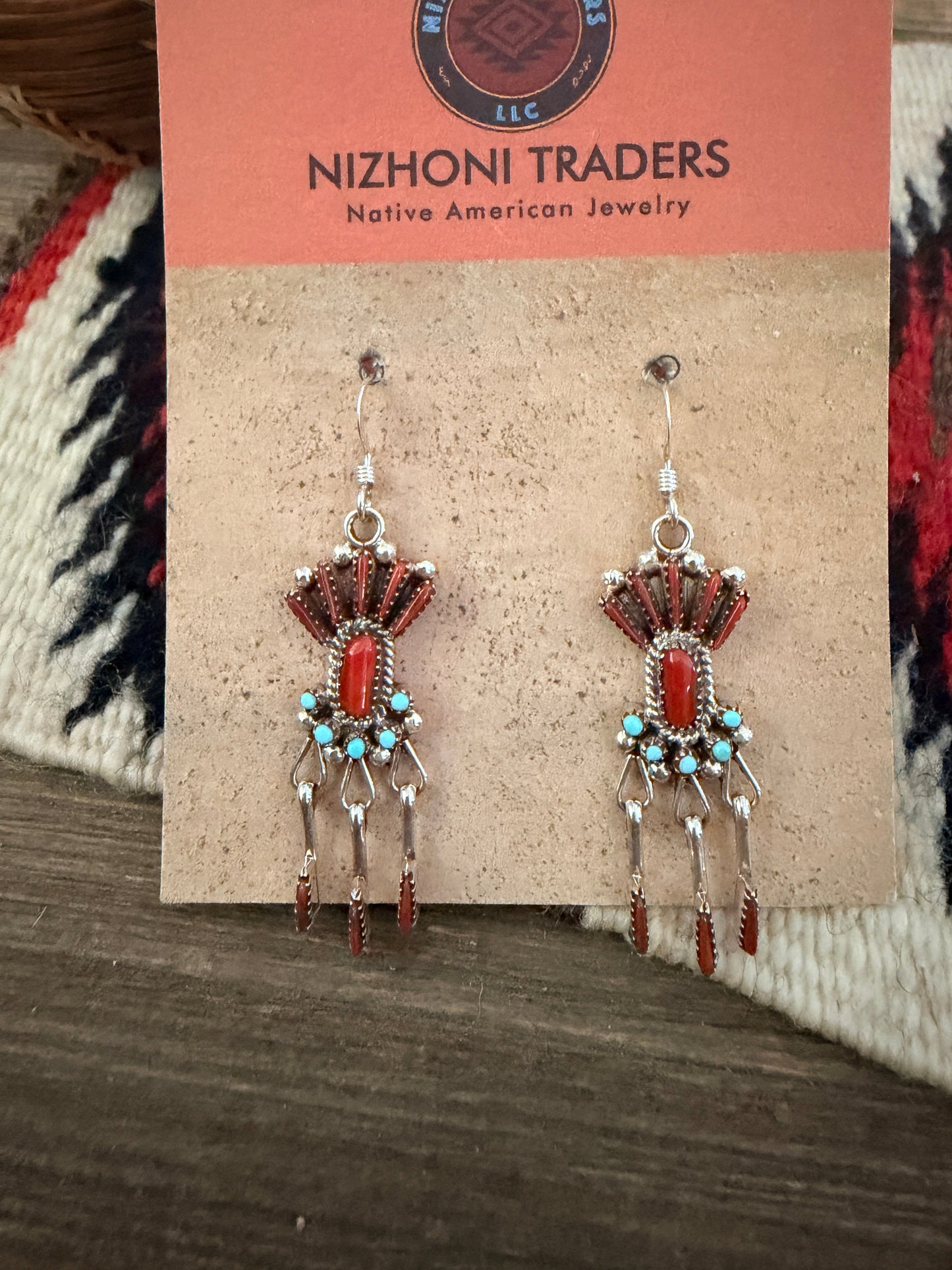 Handcrafted Coral, Turquoise & Sterling Silver Needlepoint Dangle Earrings