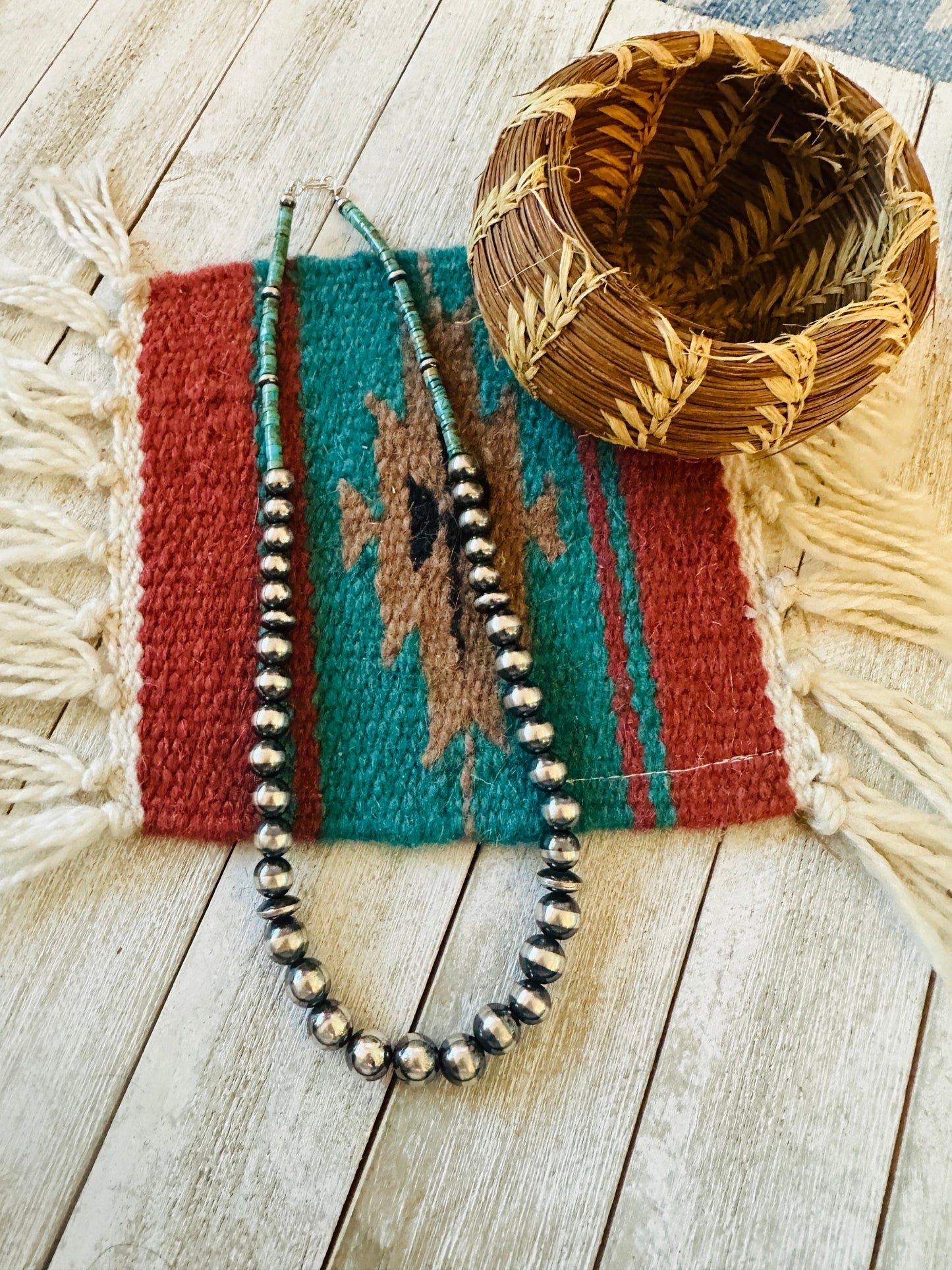 Handcrafted Turquoise & Sterling Silver Pearl 20” Beaded Necklace