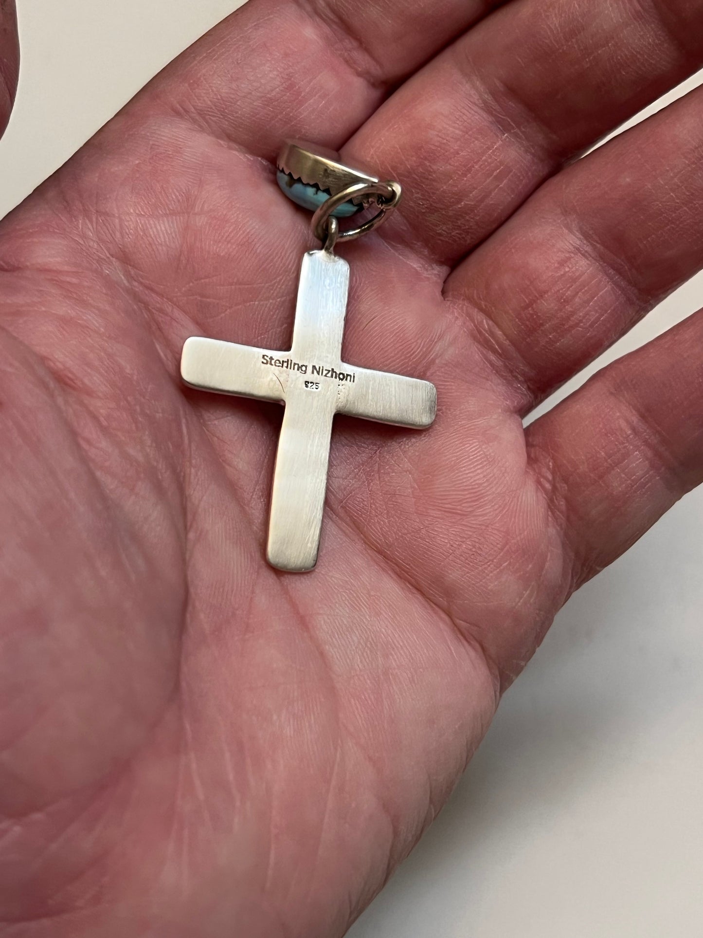Handmade Golden Hills Turquoise Tear Drop & Etched Sterling Silver Cross Pendant