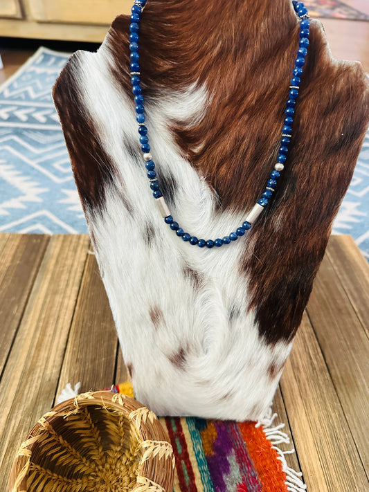 Handcrafted Lapis & Sterling Silver Beaded 18” Necklace by T & R Singer