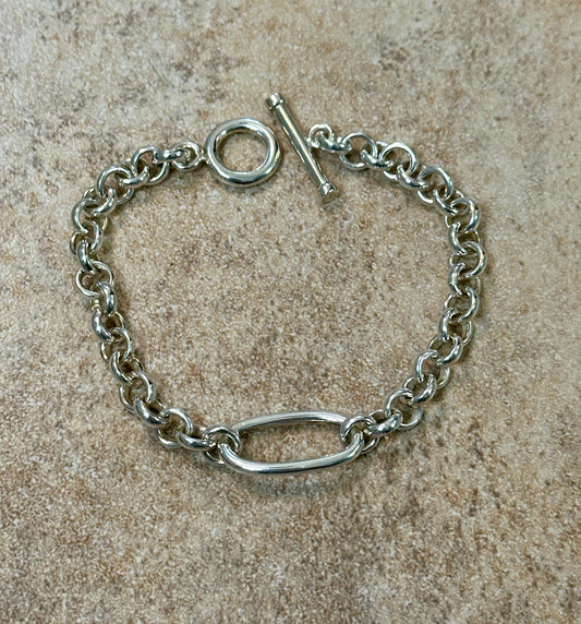 Belcher Chain Sterling Silver Bracelet w/ Oval Center