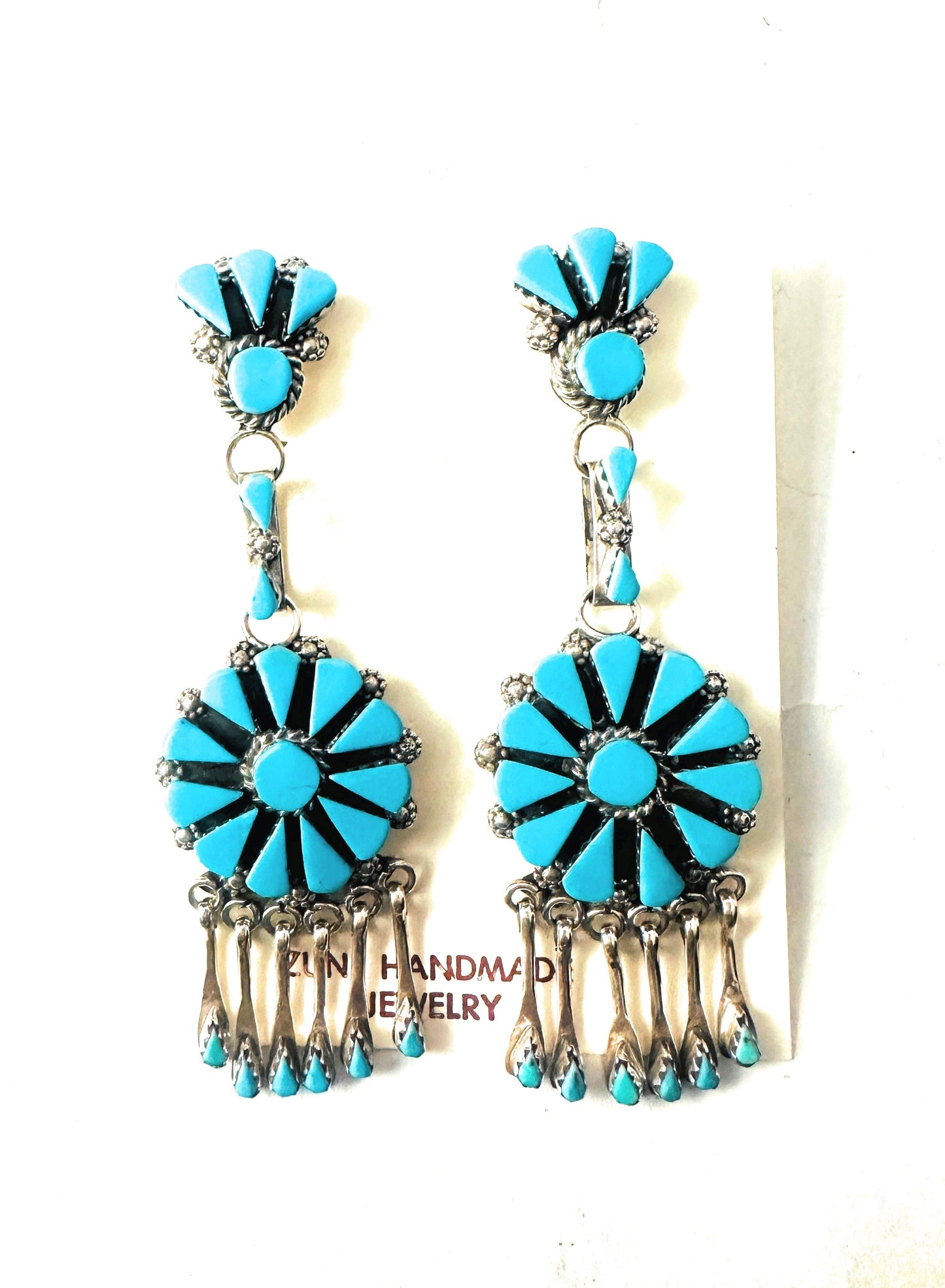 Handcrafted Sterling Silver & Turquoise Cluster Tassel Dangle Earrings