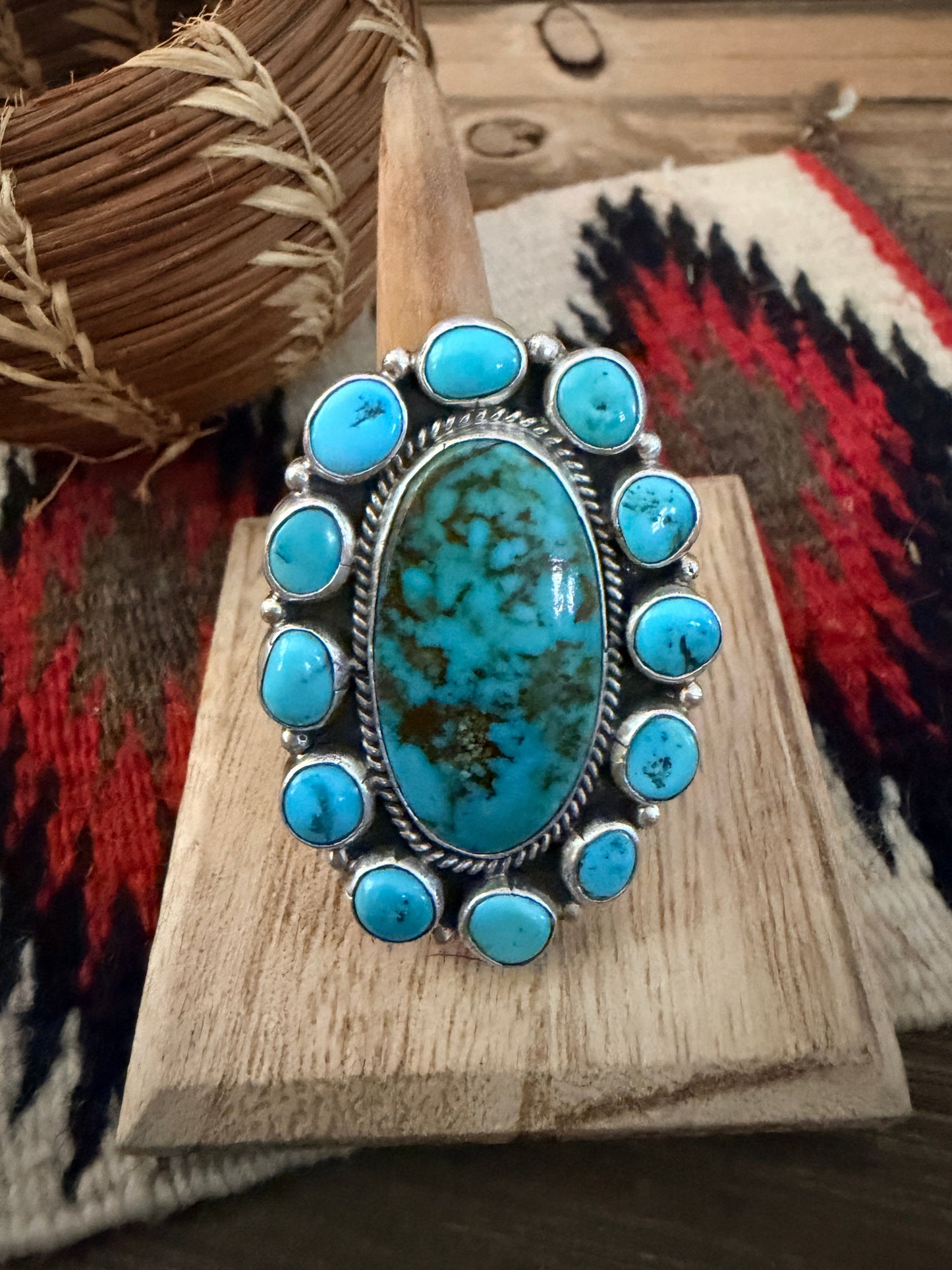Handcrafted Kingman Turquoise & Sterling Silver Cluster Adjustable Ring by Aaron David
