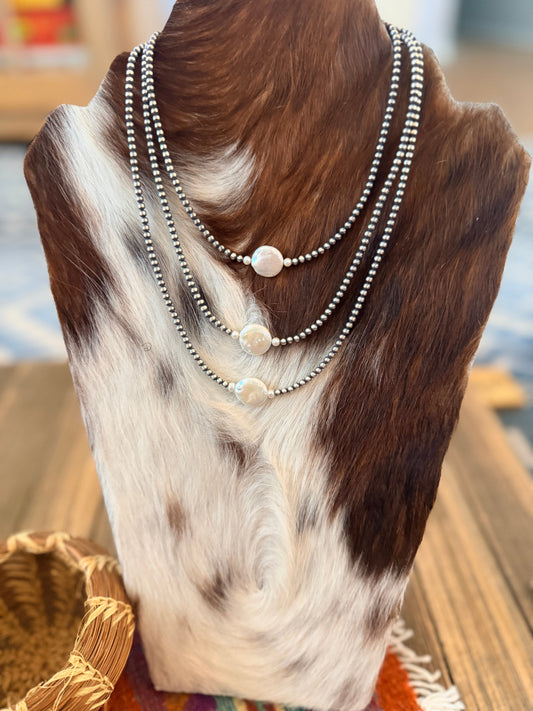 Handcrafted Mother of Pearl and Sterling Silver Pearl Beaded Necklace