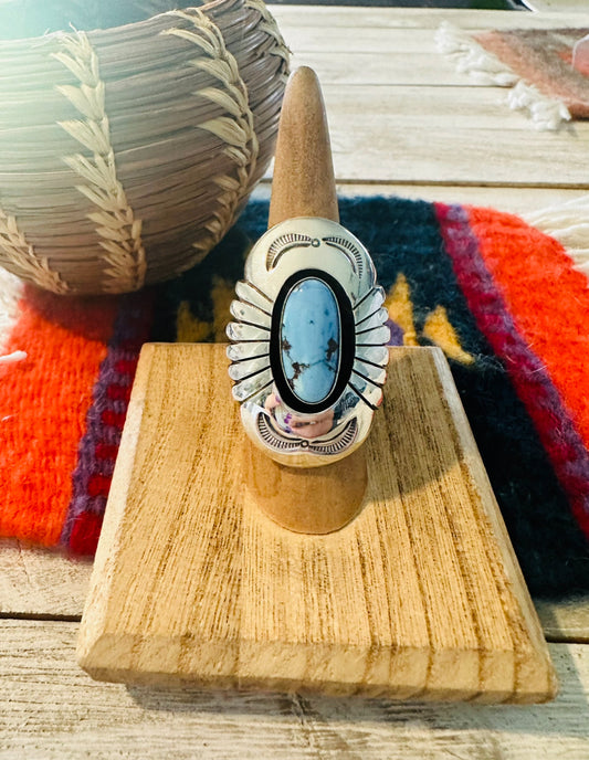 Handcrafted Golden Hills Turquoise & Sterling Silver Shadowbox Ring Size 6.5