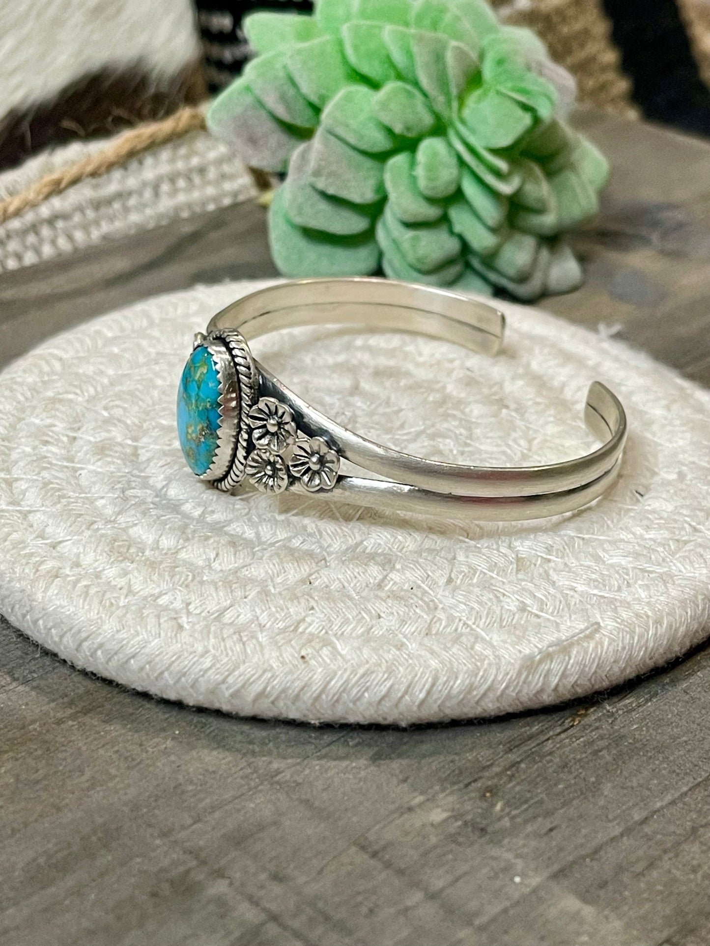 Handmade Sterling Silver Emerald Valley Turquoise Adjustable Stone Oval Stone Cuff