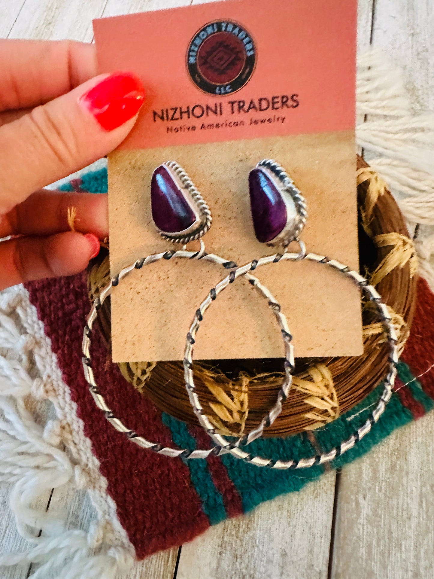 Handcrafted Purple Spiny and Sterling Silver Dangle Hoop Earrings