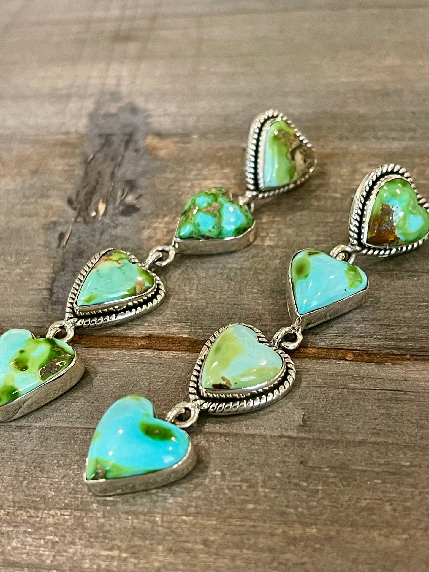 Handmade Emerald Valley Turquoise and Sterling Silver Dangle Heart Earrings