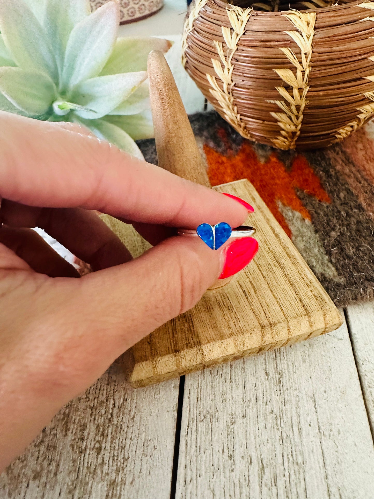 Handcrafted Sterling Silver & Blue Opal Inlay Heart Ring