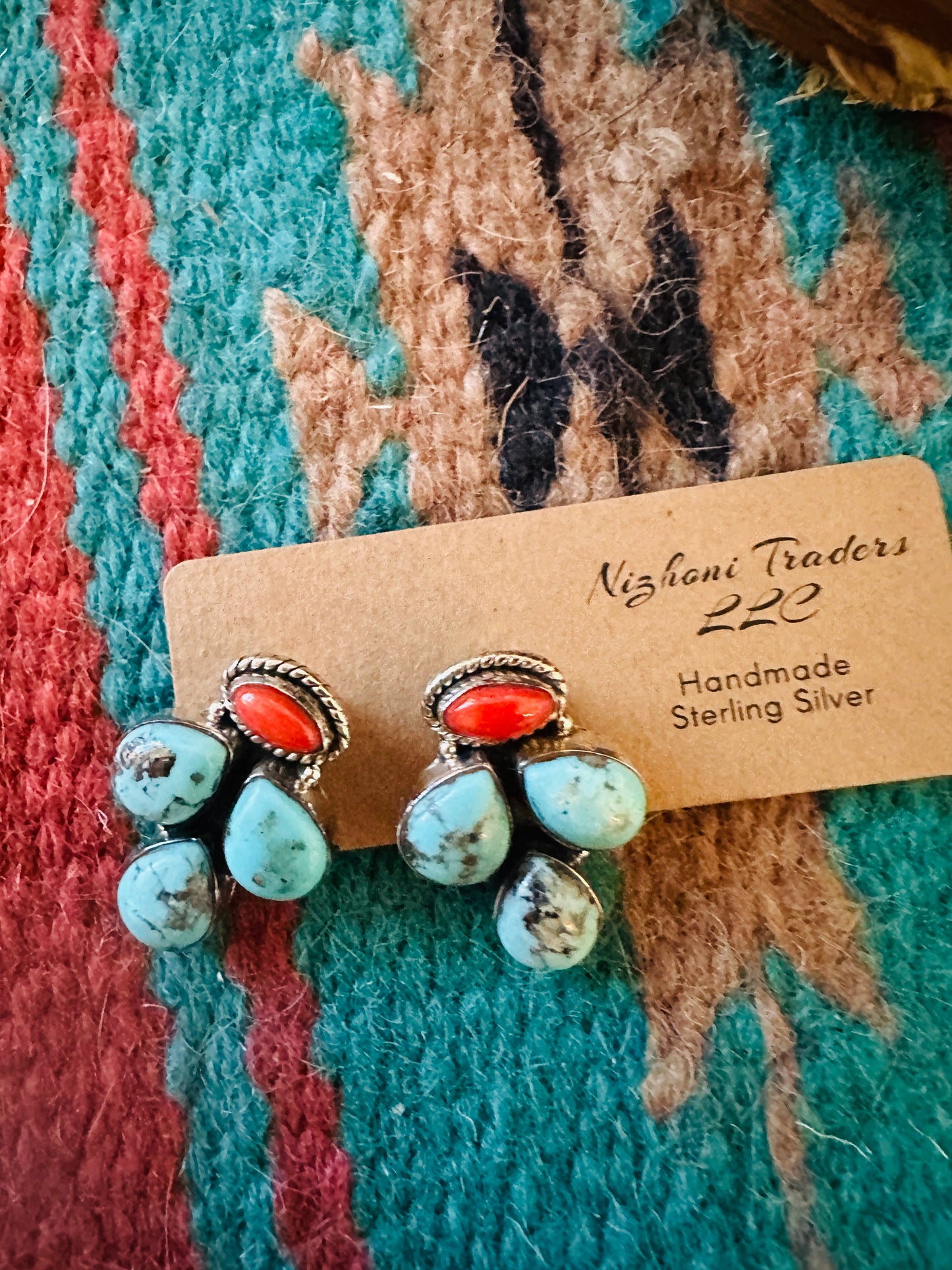 ** Christmas Collection ** Handmade Sterling Silver, Coral & Turquoise Cluster Earrings Signed Nizhoni