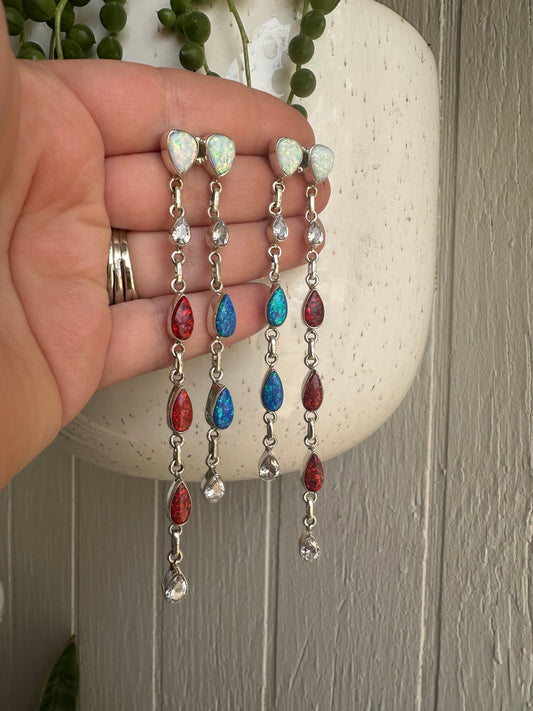 4th Of July Handmade Red, White & Blue Fire Opal and Sterling Silver Double Strand Statement Earrings
